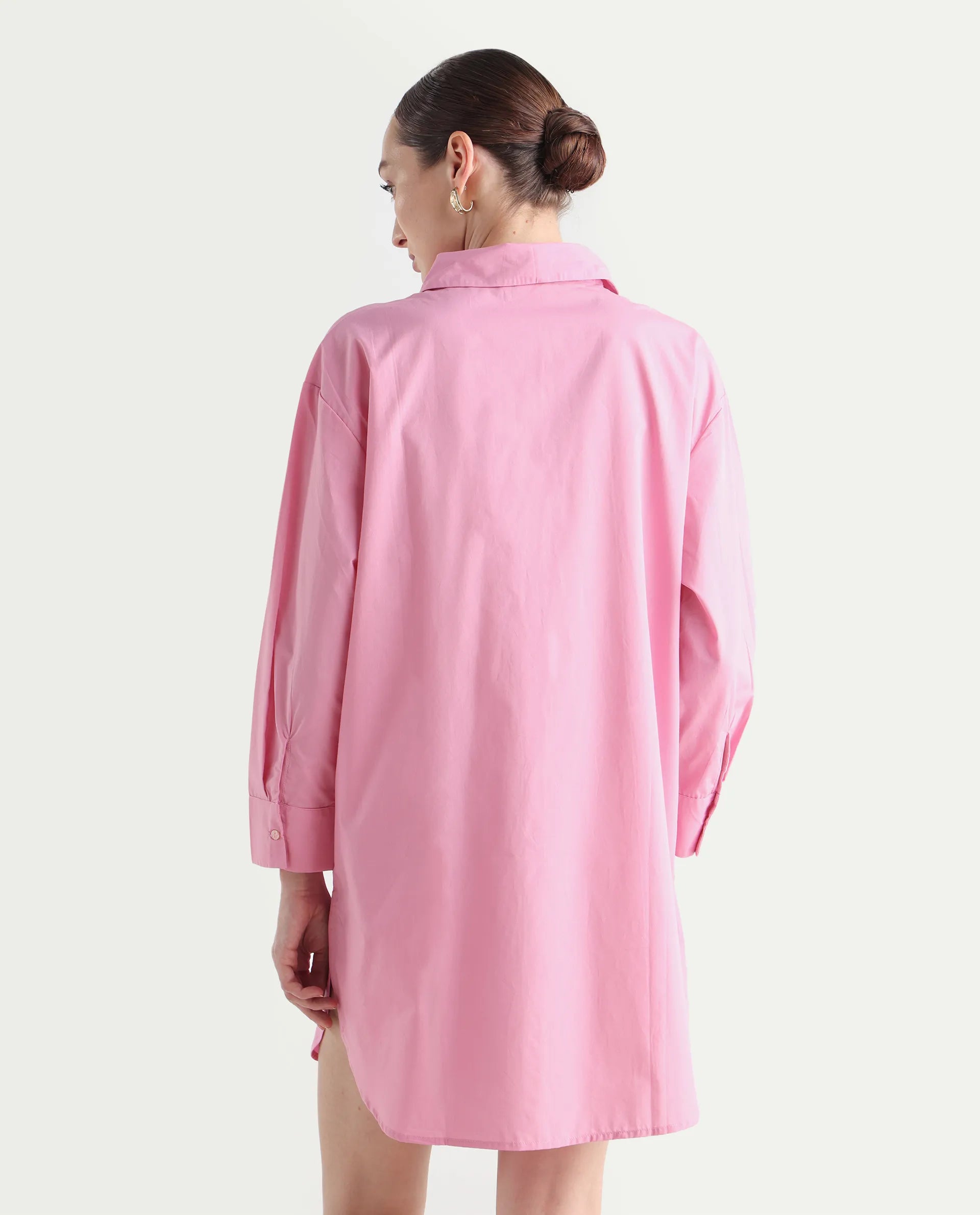 Rareism Women's Krism Light Pink Cotton Drop Collar Plain Cuffed Sleeve Mini Relaxed Fit Dress