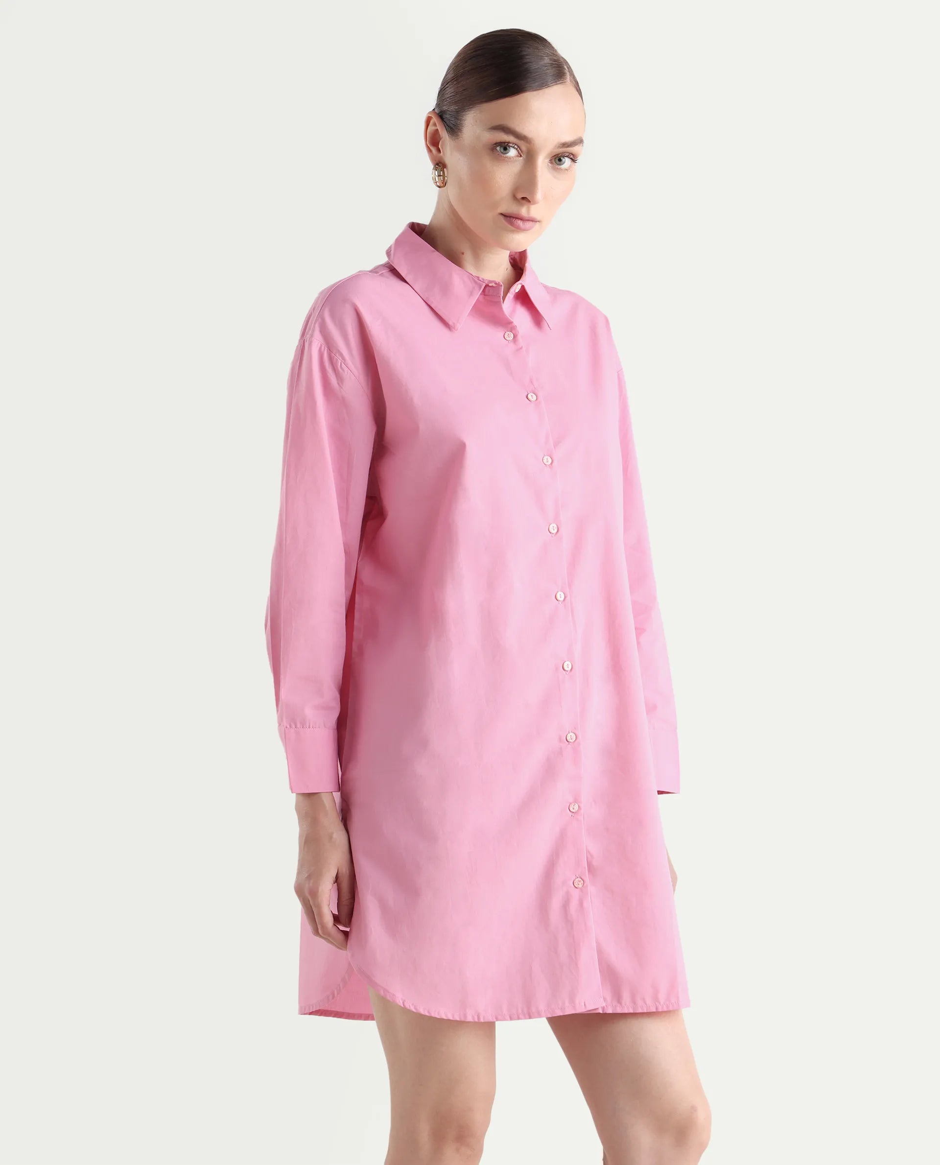 Rareism Women's Krism Light Pink Cotton Drop Collar Plain Cuffed Sleeve Mini Relaxed Fit Dress
