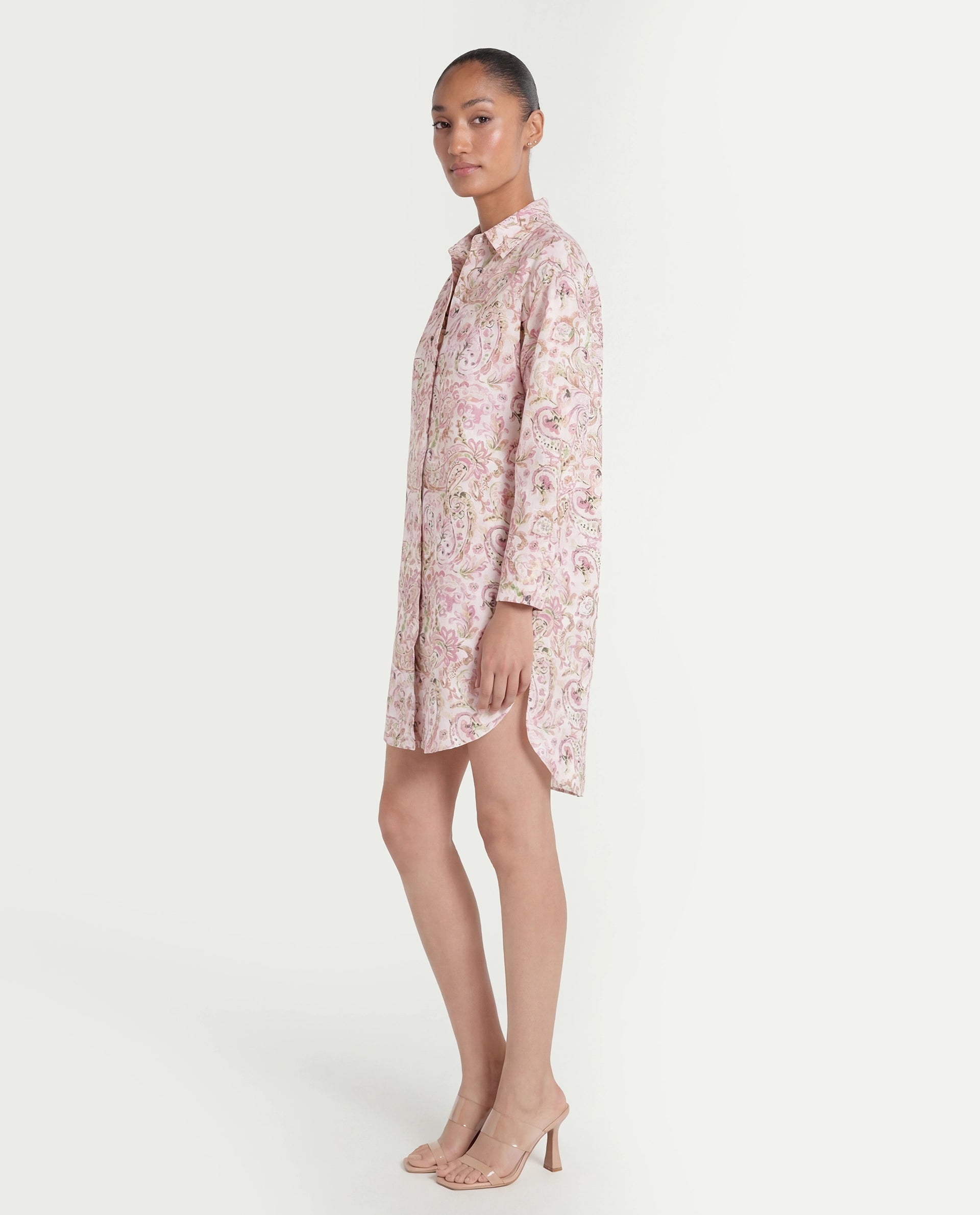 Rareism Women's Morr Light Multi Cotton Drop Collar Paisley Print Cuffed Sleeve Mini Relaxed Fit Dress
