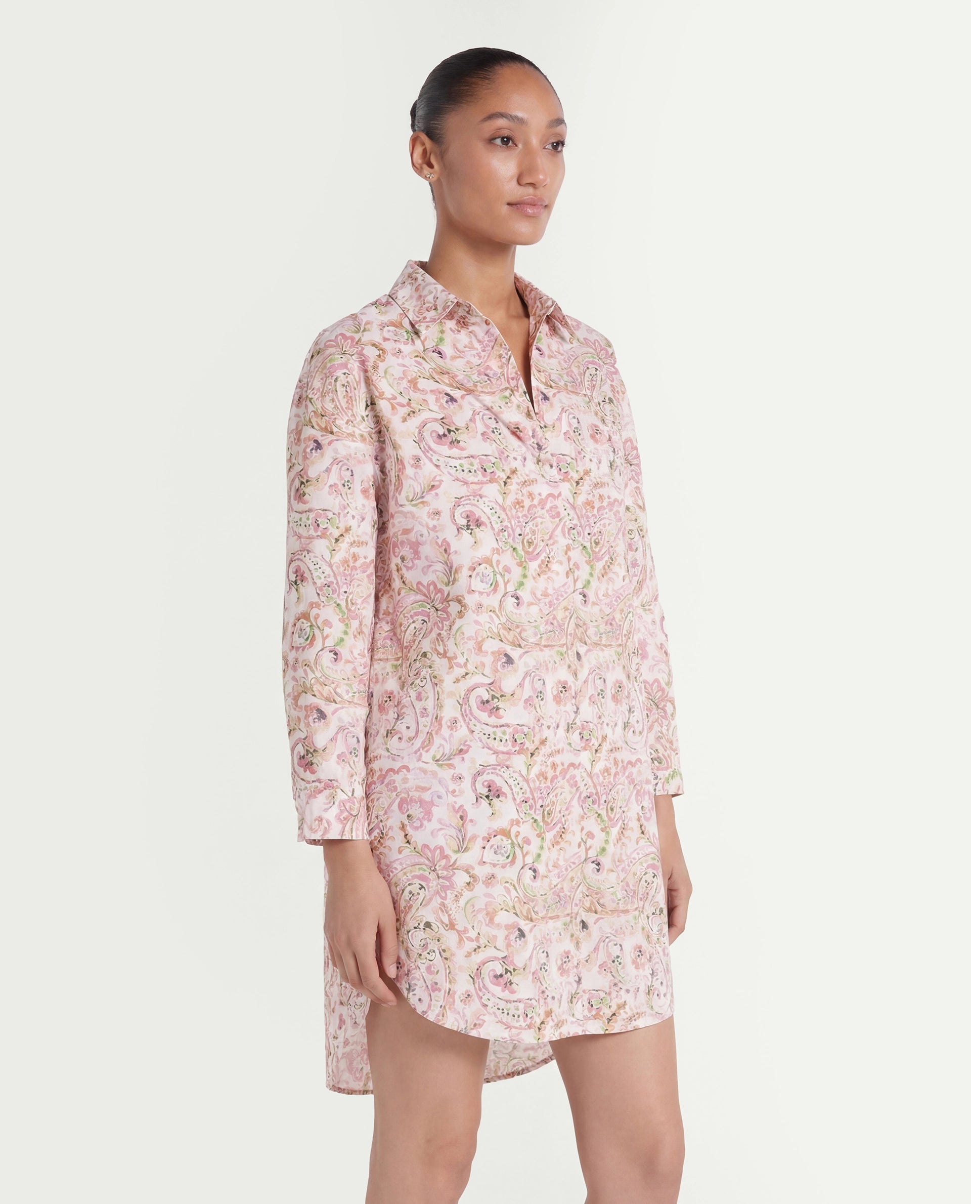 Rareism Women's Morr Light Multi Cotton Drop Collar Paisley Print Cuffed Sleeve Mini Relaxed Fit Dress