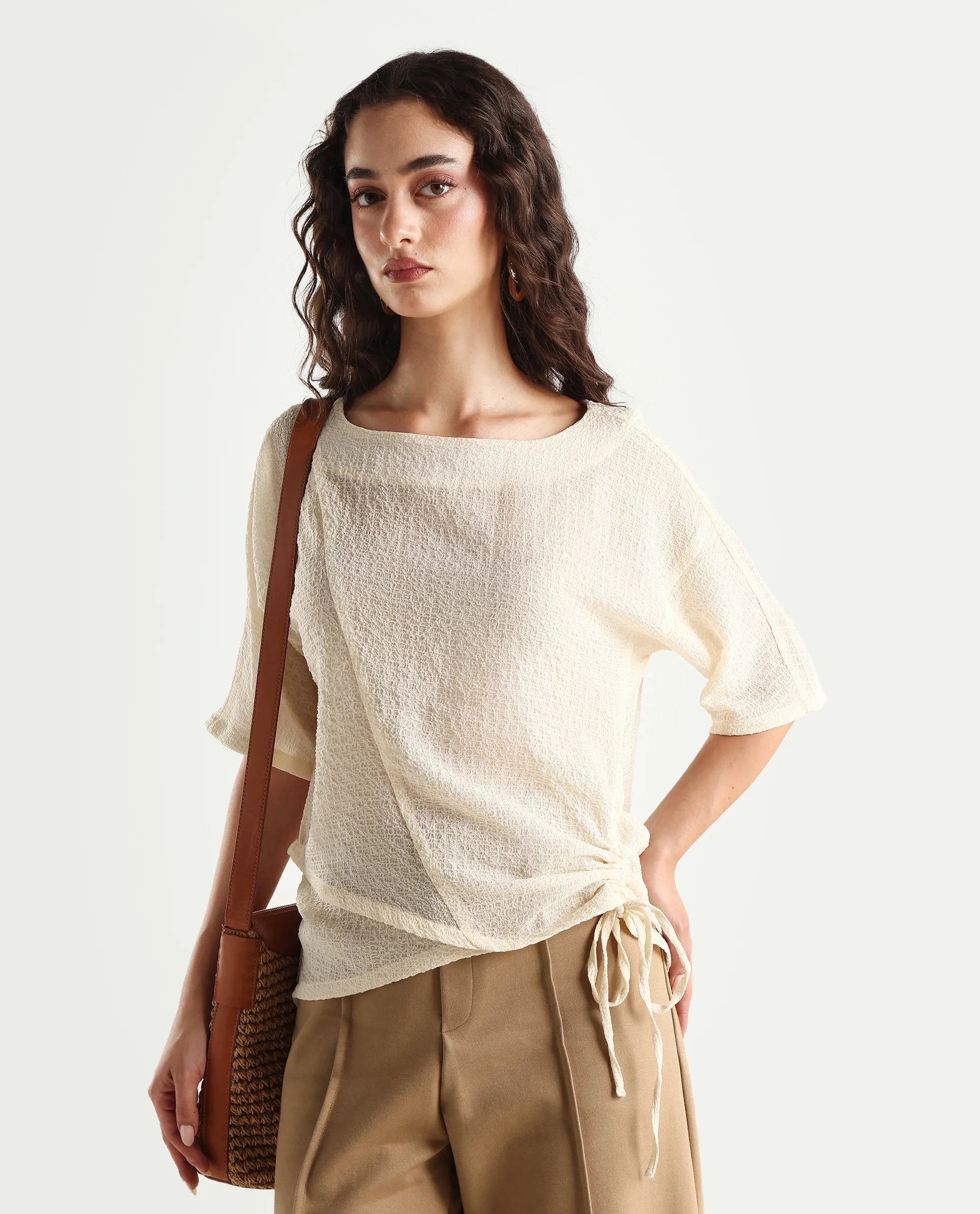 Rareism Women's Texmer Beige Polyester Boat Neck Plain Regular Fit Top
