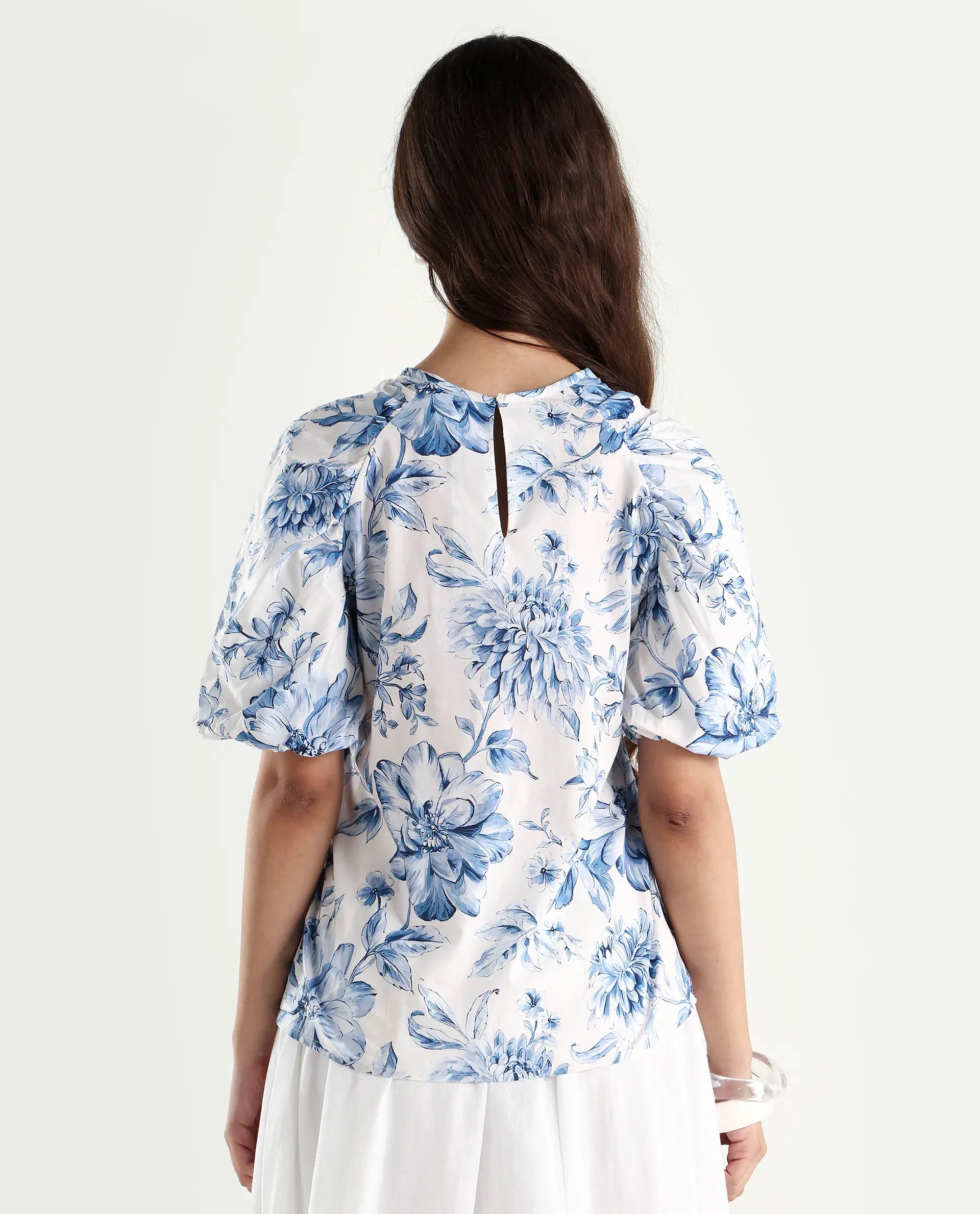 Rareism Women's Bobbie Blue Cotton Drop Collar Floral Print Raglan Sleeve Regular Fit Top