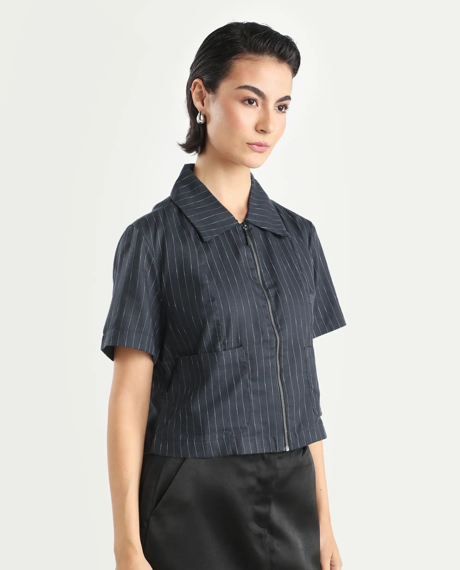 Rareism Women's Klapo Black Viscose Blend Drop Collar Striped Crop Regular Fit Top