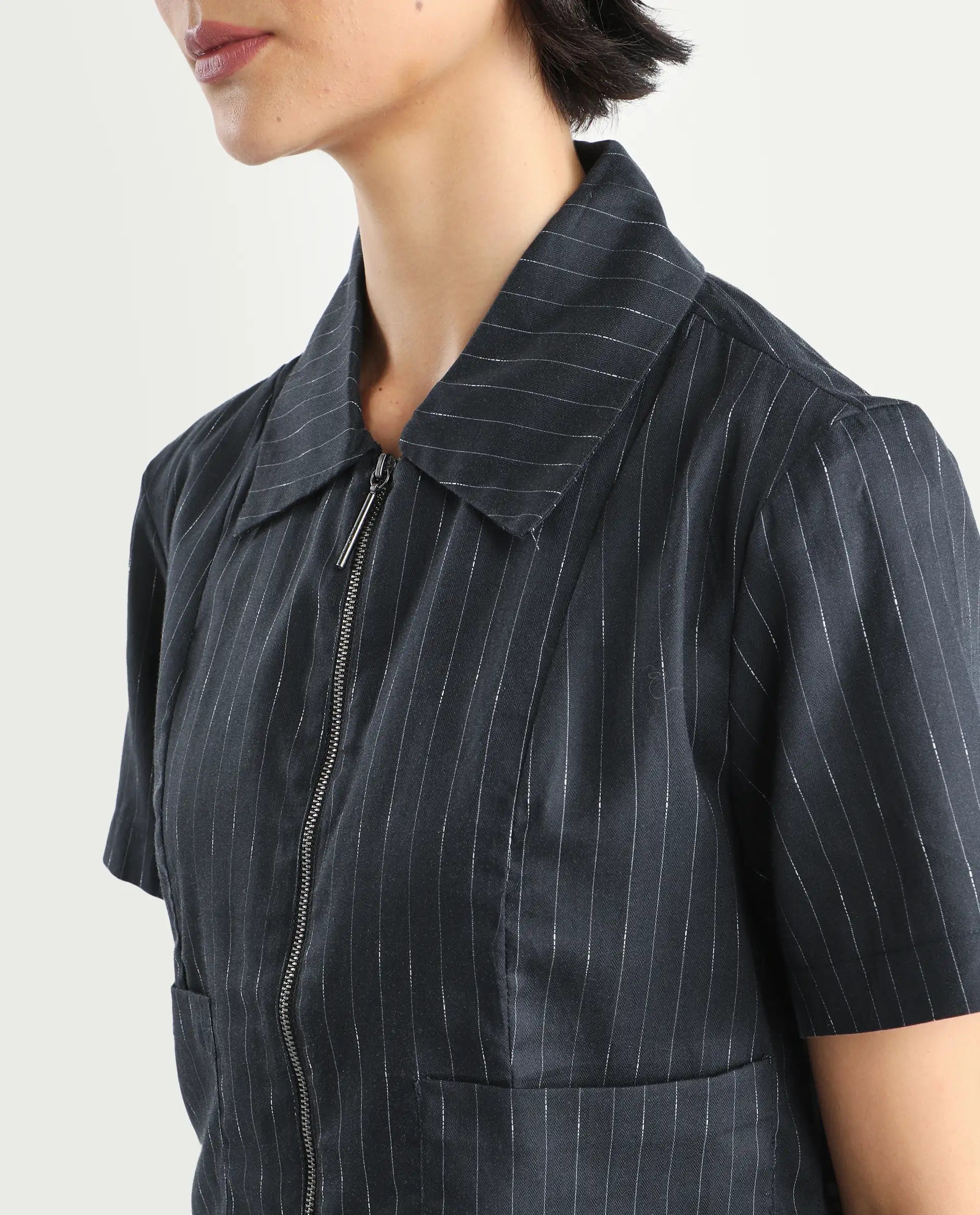 Rareism Women's Klapo Black Viscose Blend Drop Collar Striped Crop Regular Fit Top