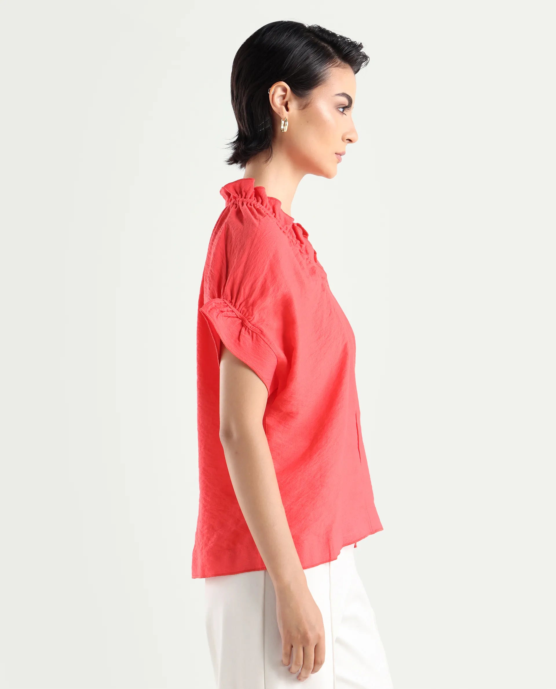 Rareism Women's Tichi Orange Viscose Blend V-Neck Plain Extended Sleeves Regular Fit Top