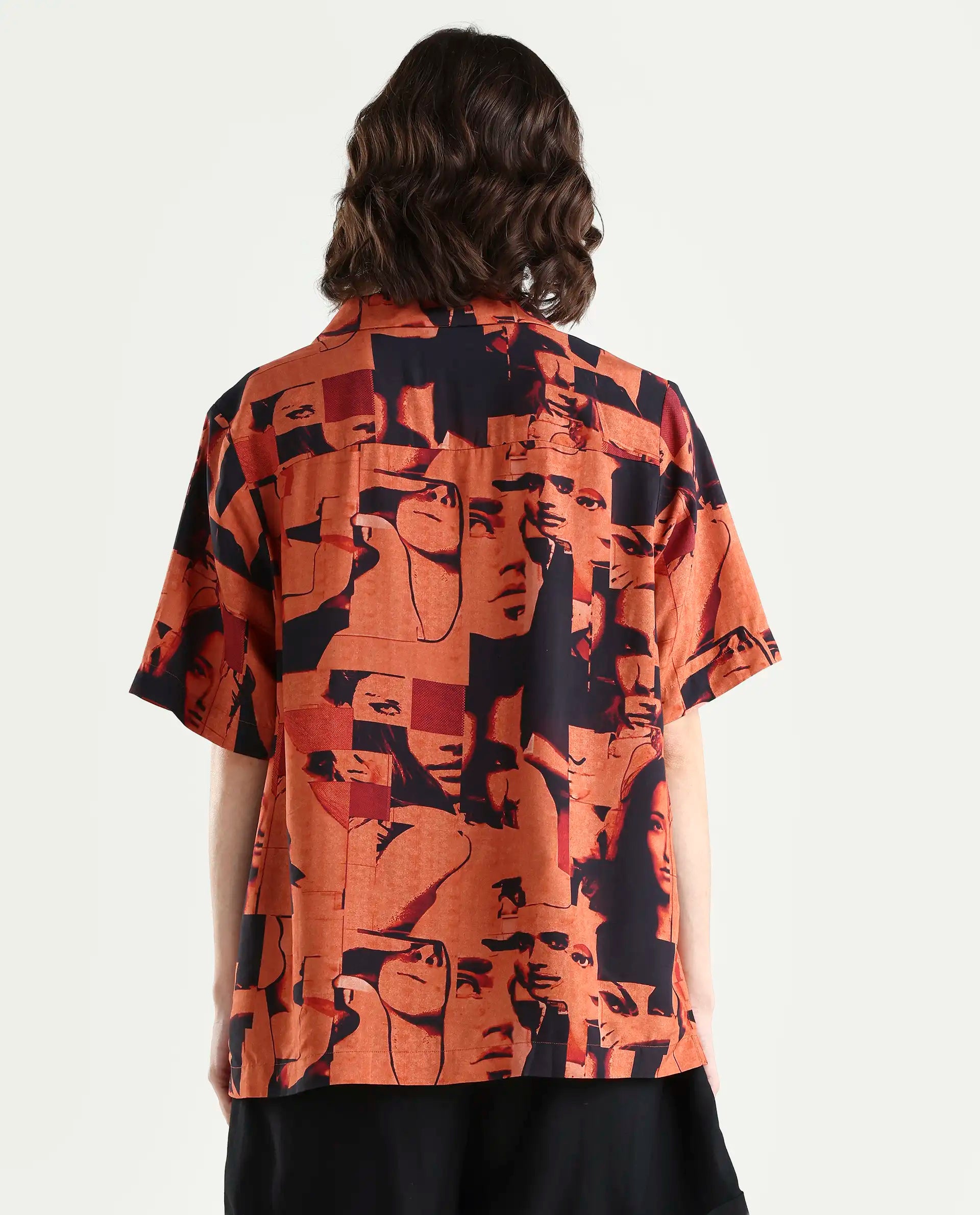 Rareism Women's Hagen Brown Viscose Spread Collar Abstract Print Relaxed Fit Top