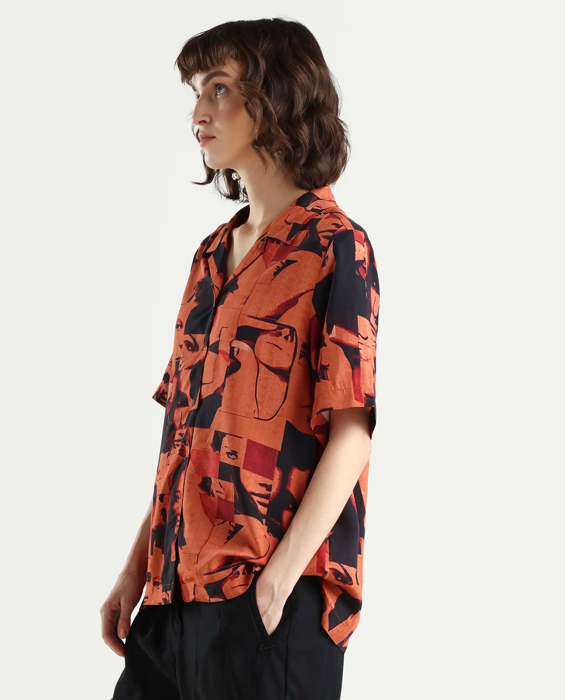 Rareism Women's Hagen Brown Viscose Spread Collar Abstract Print Relaxed Fit Top