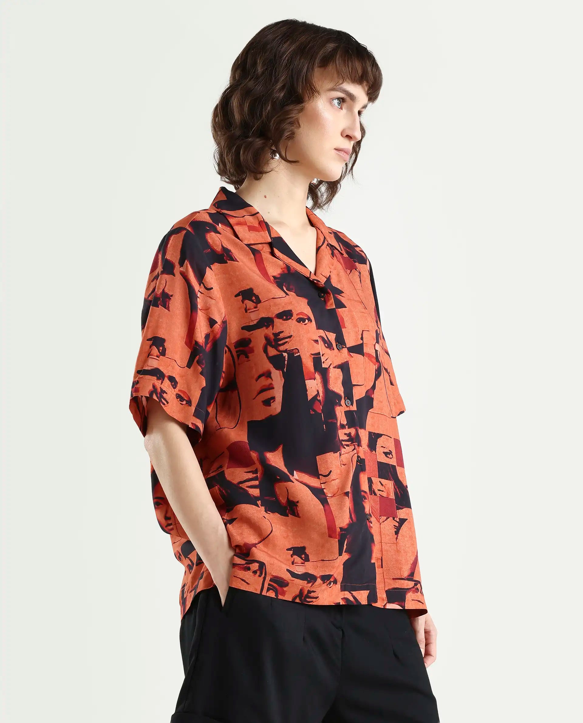 Rareism Women's Hagen Brown Viscose Spread Collar Abstract Print Relaxed Fit Top