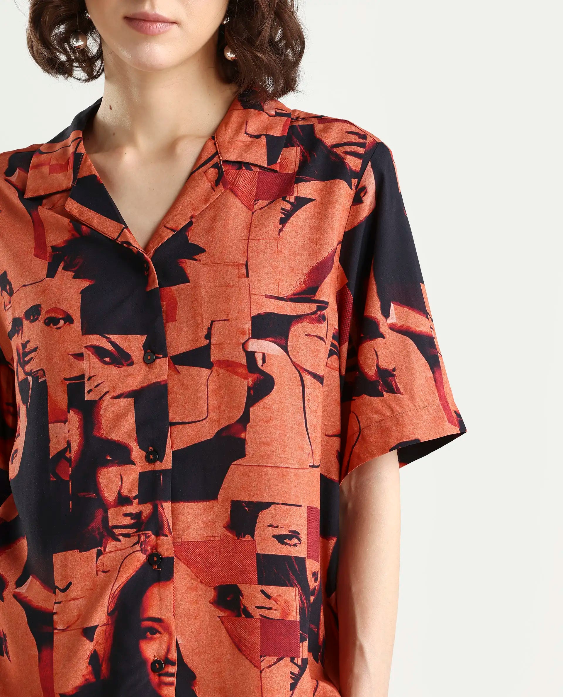 Rareism Women's Hagen Brown Viscose Spread Collar Abstract Print Relaxed Fit Top