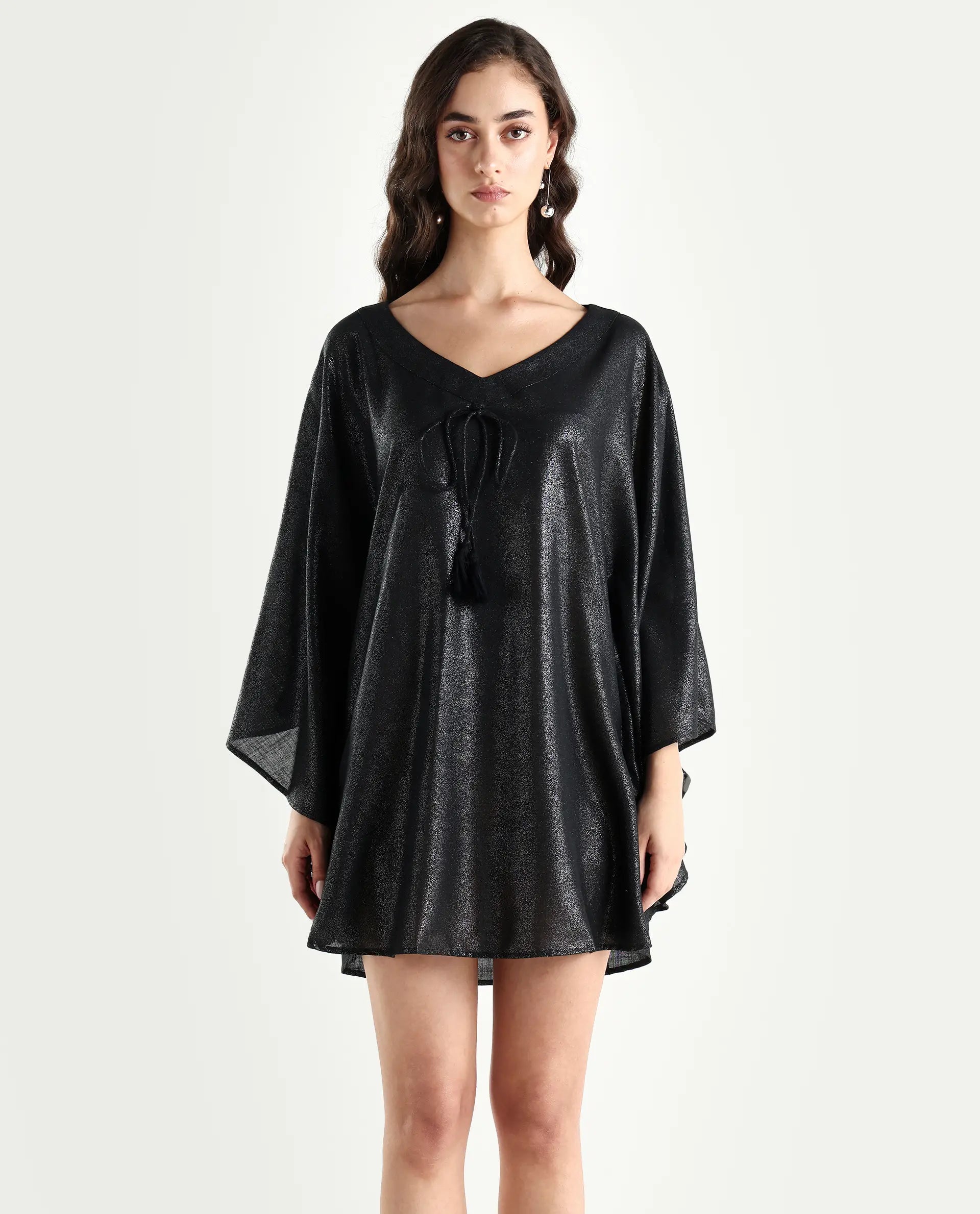 Rareism Women's Esmese Black Polyester V-Neck Plain Extended Sleeves Mini Relaxed Fit Dress