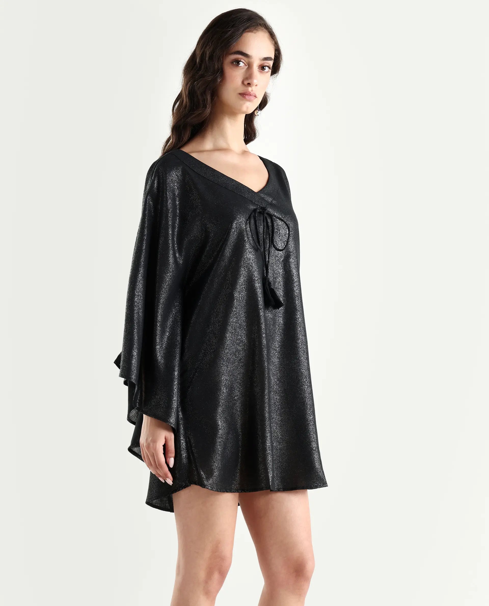 Rareism Women's Esmese Black Polyester V-Neck Plain Extended Sleeves Mini Relaxed Fit Dress