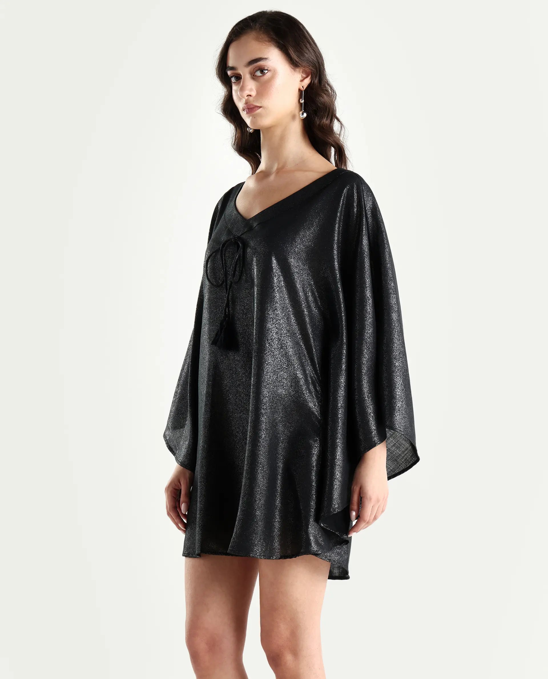 Rareism Women's Esmese Black Polyester V-Neck Plain Extended Sleeves Mini Relaxed Fit Dress