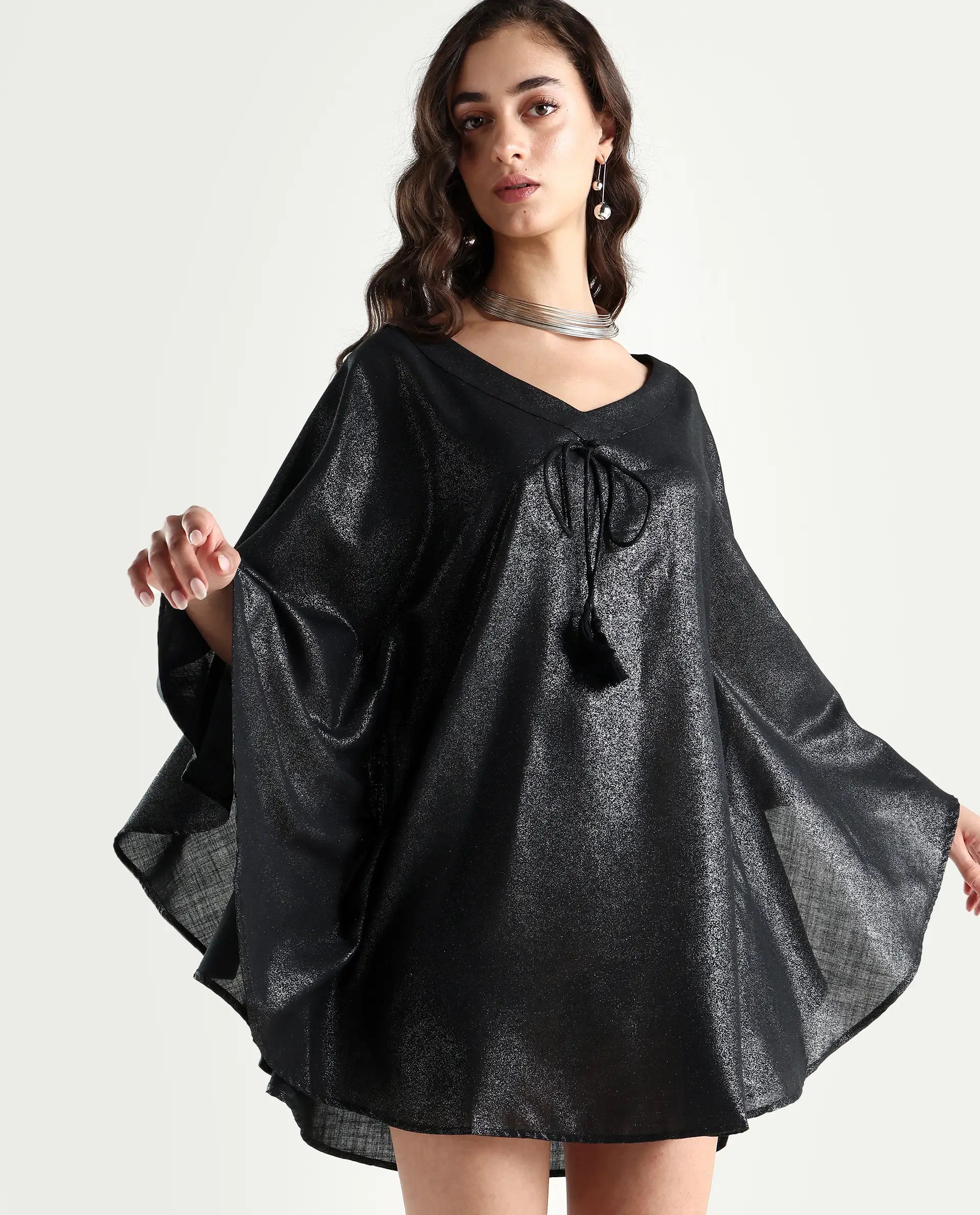 Rareism Women's Esmese Black Polyester V-Neck Plain Extended Sleeves Mini Relaxed Fit Dress