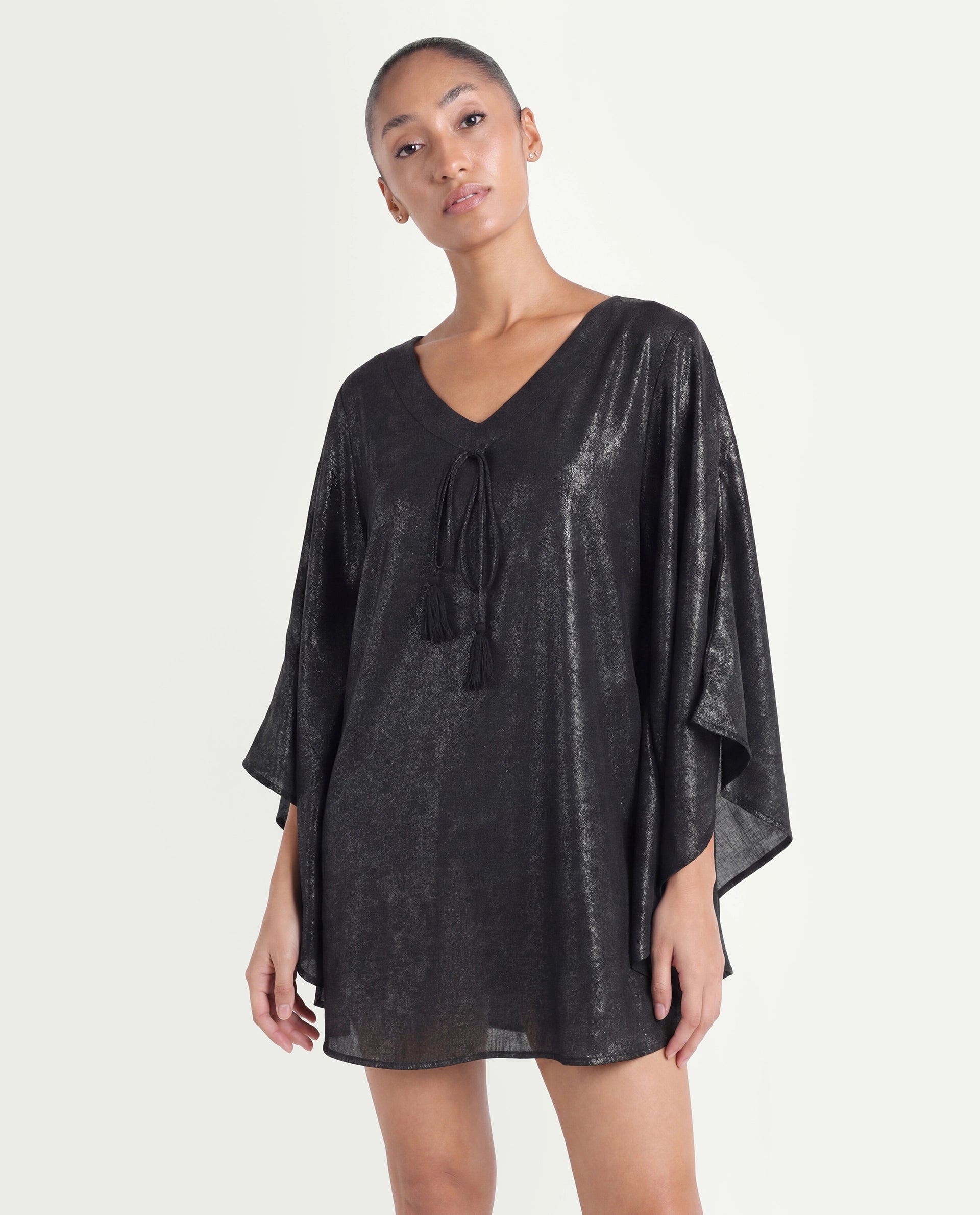 Rareism Women's Esmese Black Polyester V-Neck Plain Extended Sleeves Mini Relaxed Fit Dress