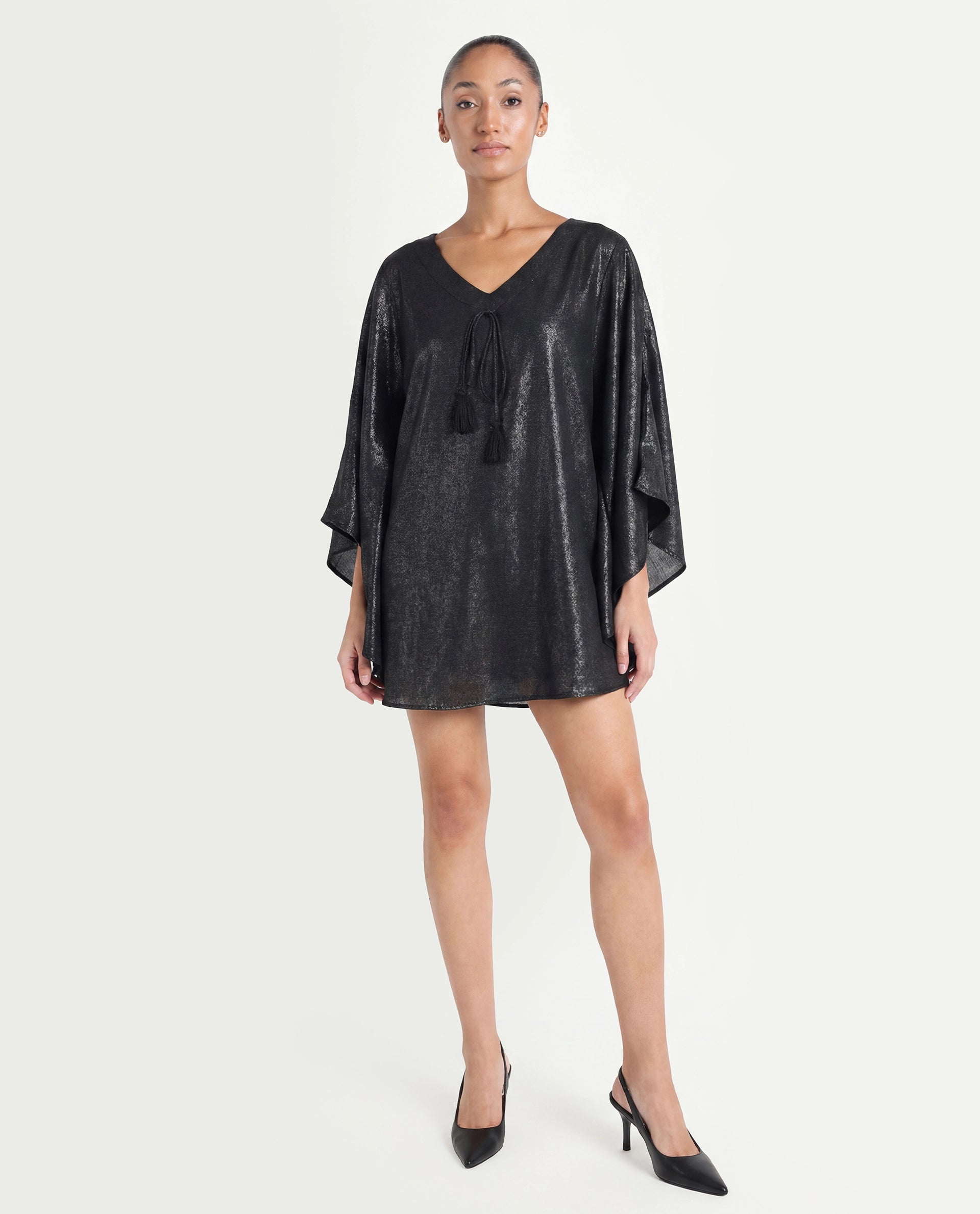 Rareism Women's Esmese Black Polyester V-Neck Plain Extended Sleeves Mini Relaxed Fit Dress