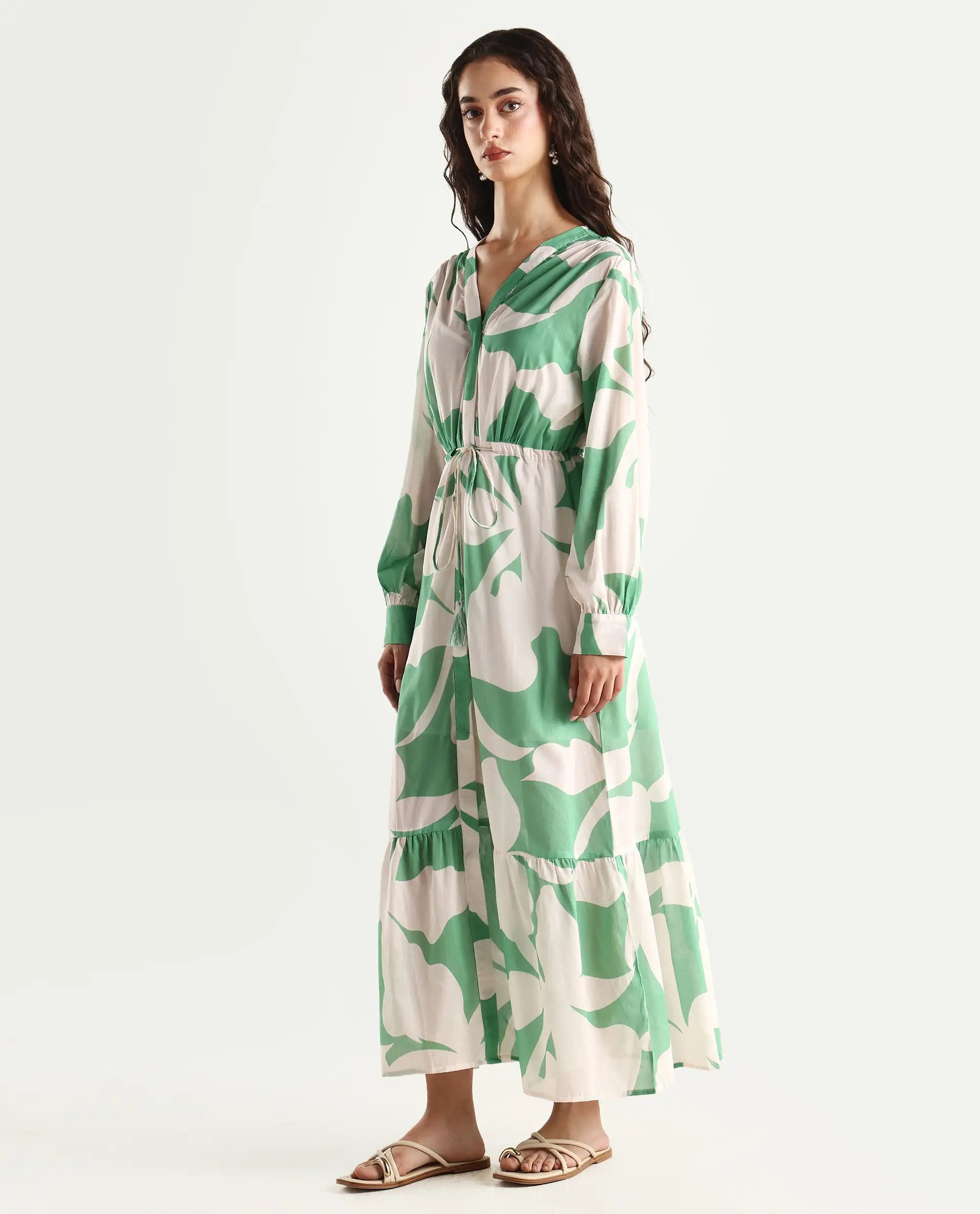 Rareism Women's Adeley Dusky Green Cotton V-Neck Abstract Print Cuffed Sleeve Maxi Regular Fit Shrug