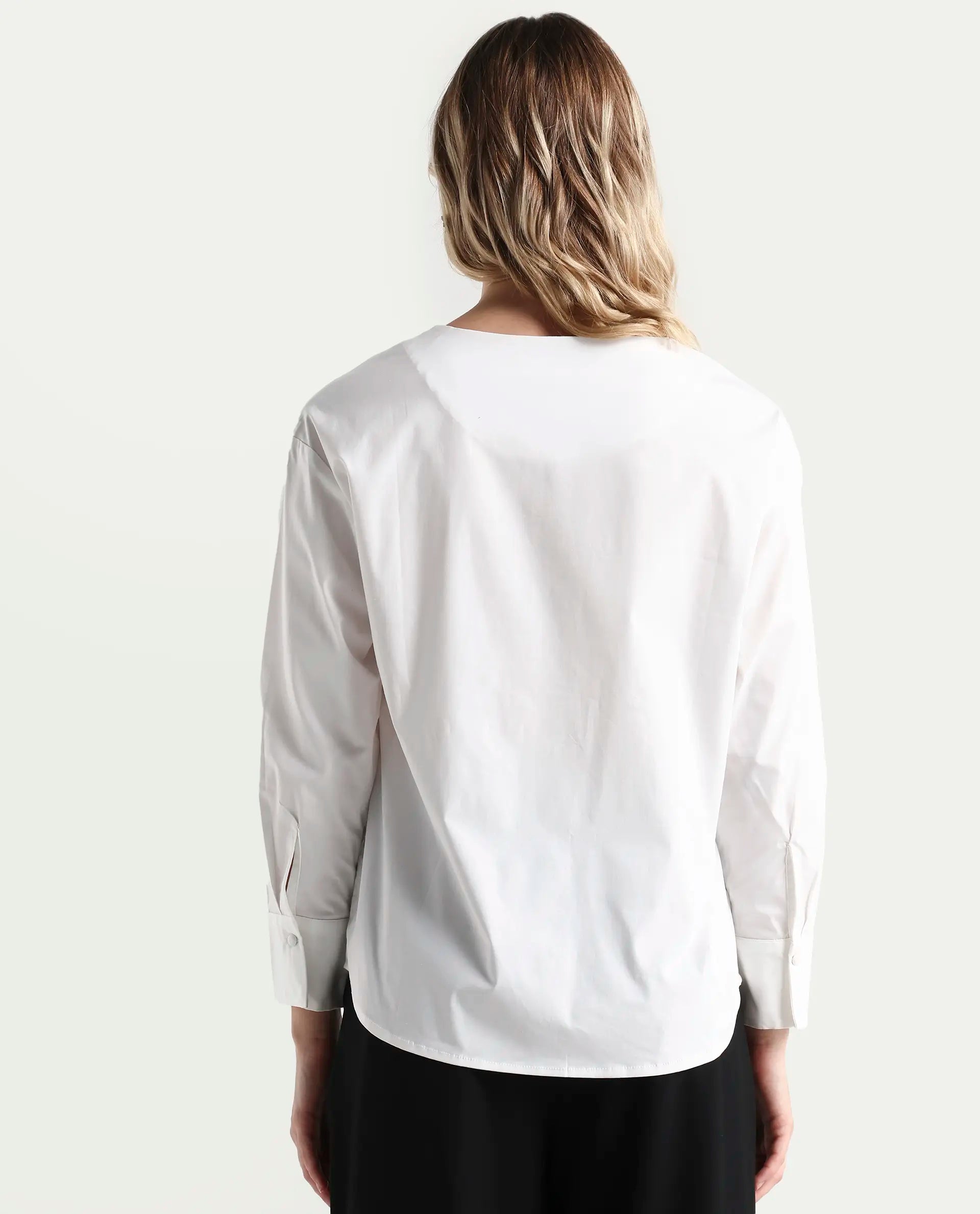 Rareism Women's Nagoya White Cotton Blend Crew Neck Plain Cuffed Sleeve Regular Fit Top