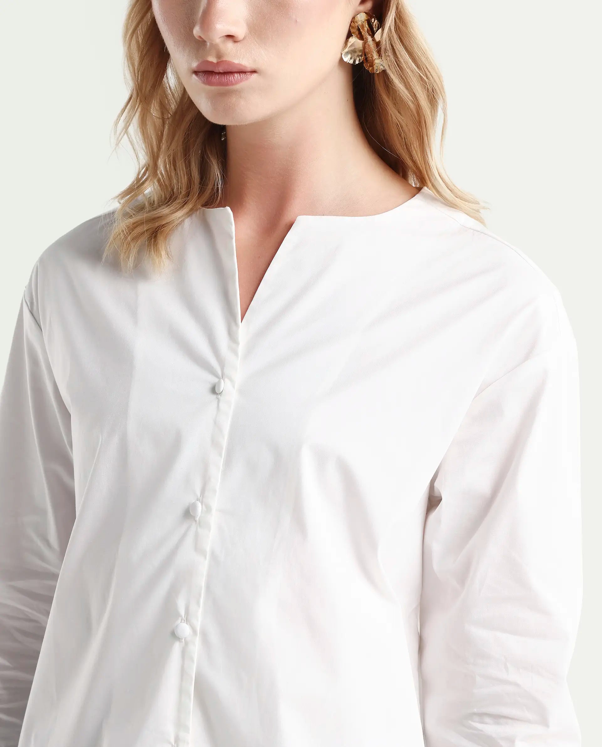 Rareism Women's Nagoya White Cotton Blend Crew Neck Plain Cuffed Sleeve Regular Fit Top