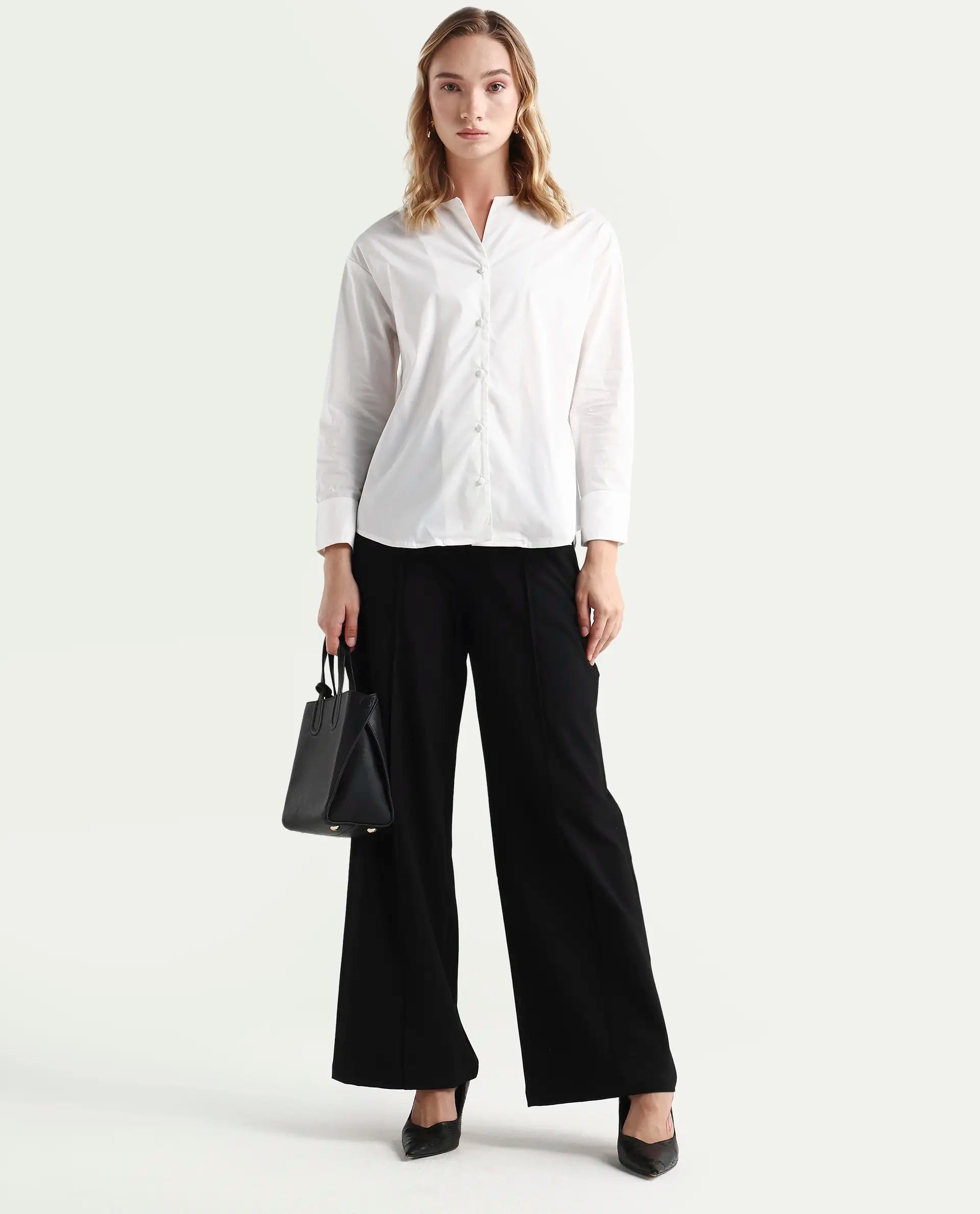 Rareism Women's Nagoya White Cotton Blend Crew Neck Plain Cuffed Sleeve Regular Fit Top