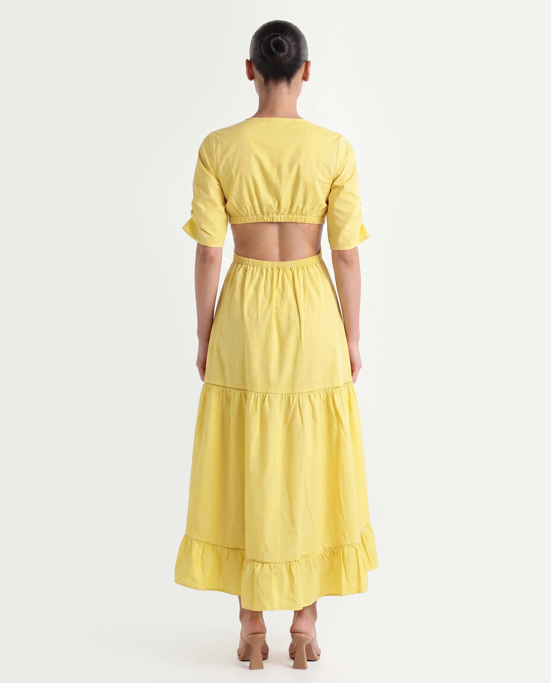 Rareism Women's Lesman Yellow Cotton V-Neck Plain Puff Sleeves Maxi Fit And Flare Dress