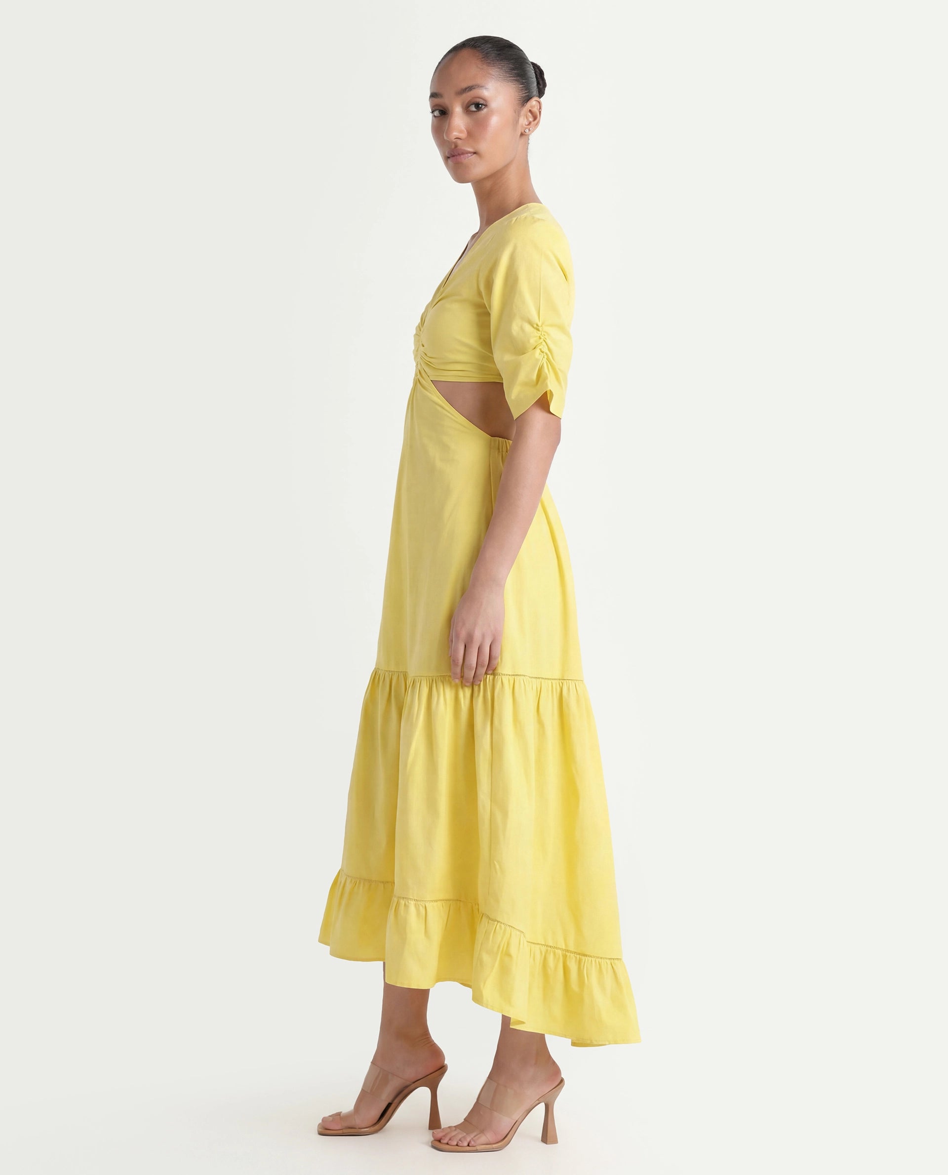Rareism Women's Lesman Yellow Cotton V-Neck Plain Puff Sleeves Maxi Fit And Flare Dress