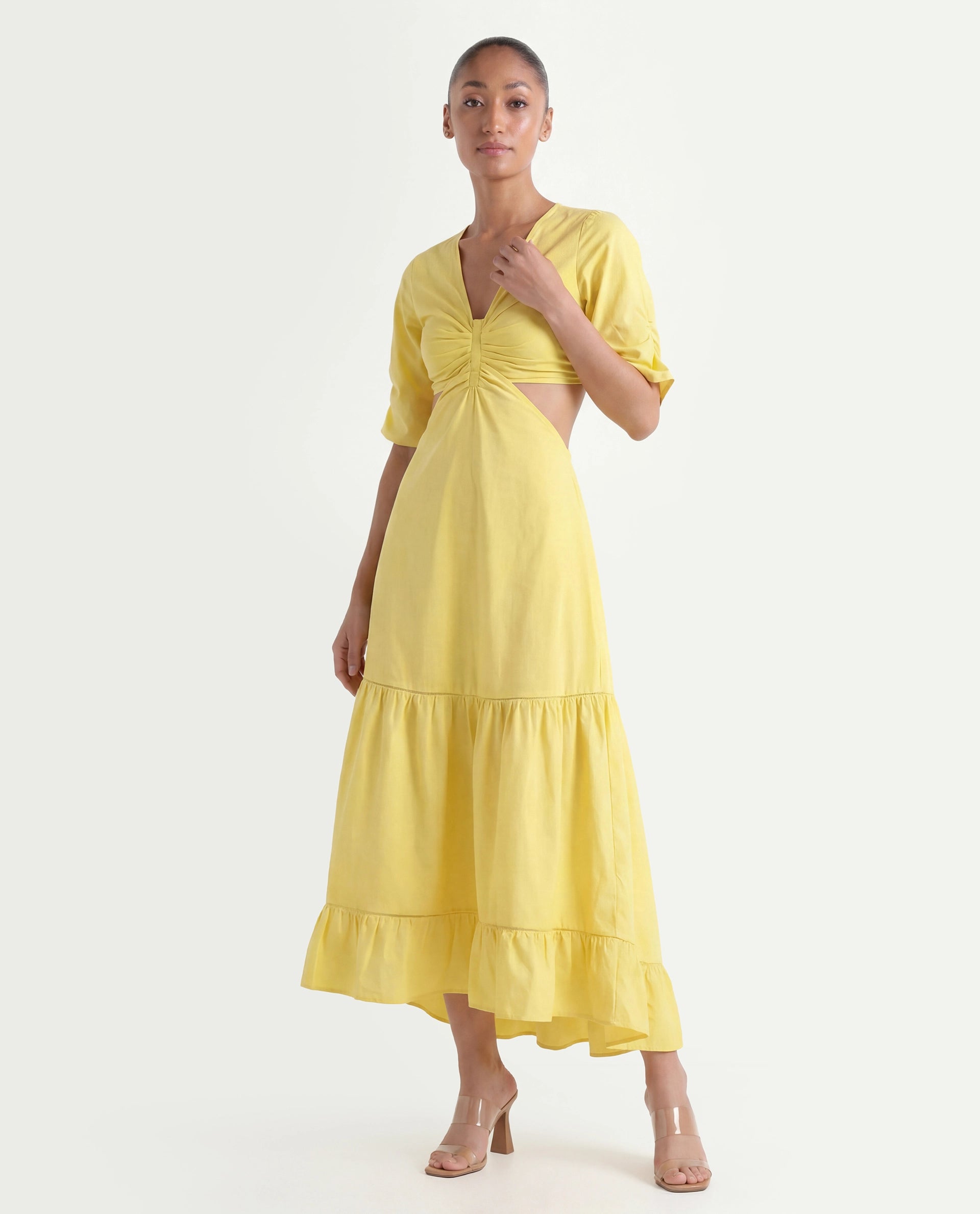 Rareism Women's Lesman Yellow Cotton V-Neck Plain Puff Sleeves Maxi Fit And Flare Dress