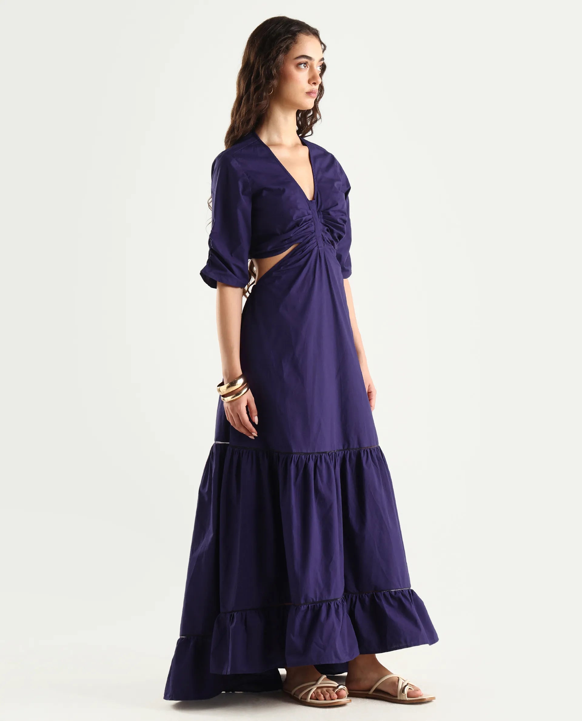 Rareism Women's Lesman Dark Purple Cotton V-Neck Plain Puff Sleeves Maxi Fit And Flare Dress