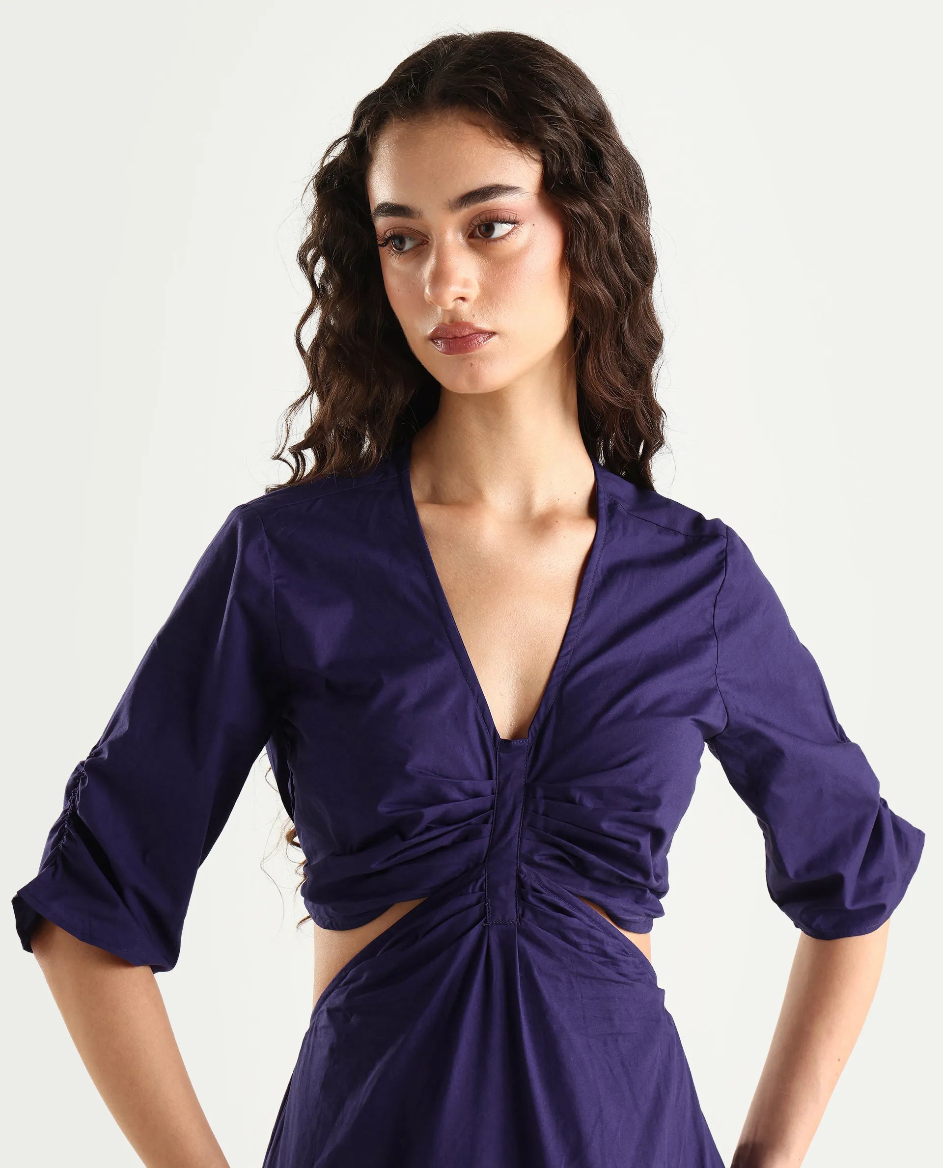 Rareism Women's Lesman Dark Purple Cotton V-Neck Plain Puff Sleeves Maxi Fit And Flare Dress