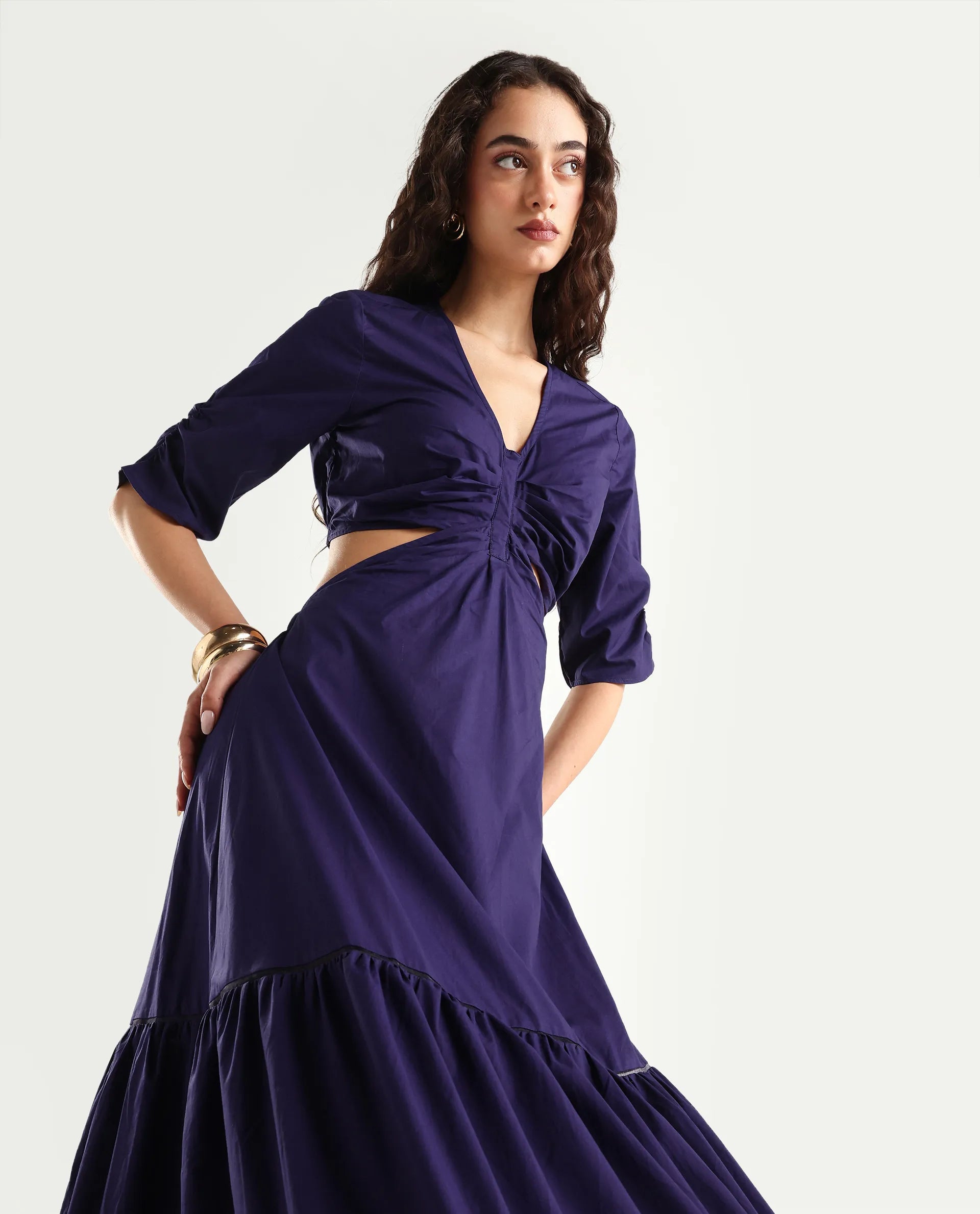 Rareism Women's Lesman Dark Purple Cotton V-Neck Plain Puff Sleeves Maxi Fit And Flare Dress