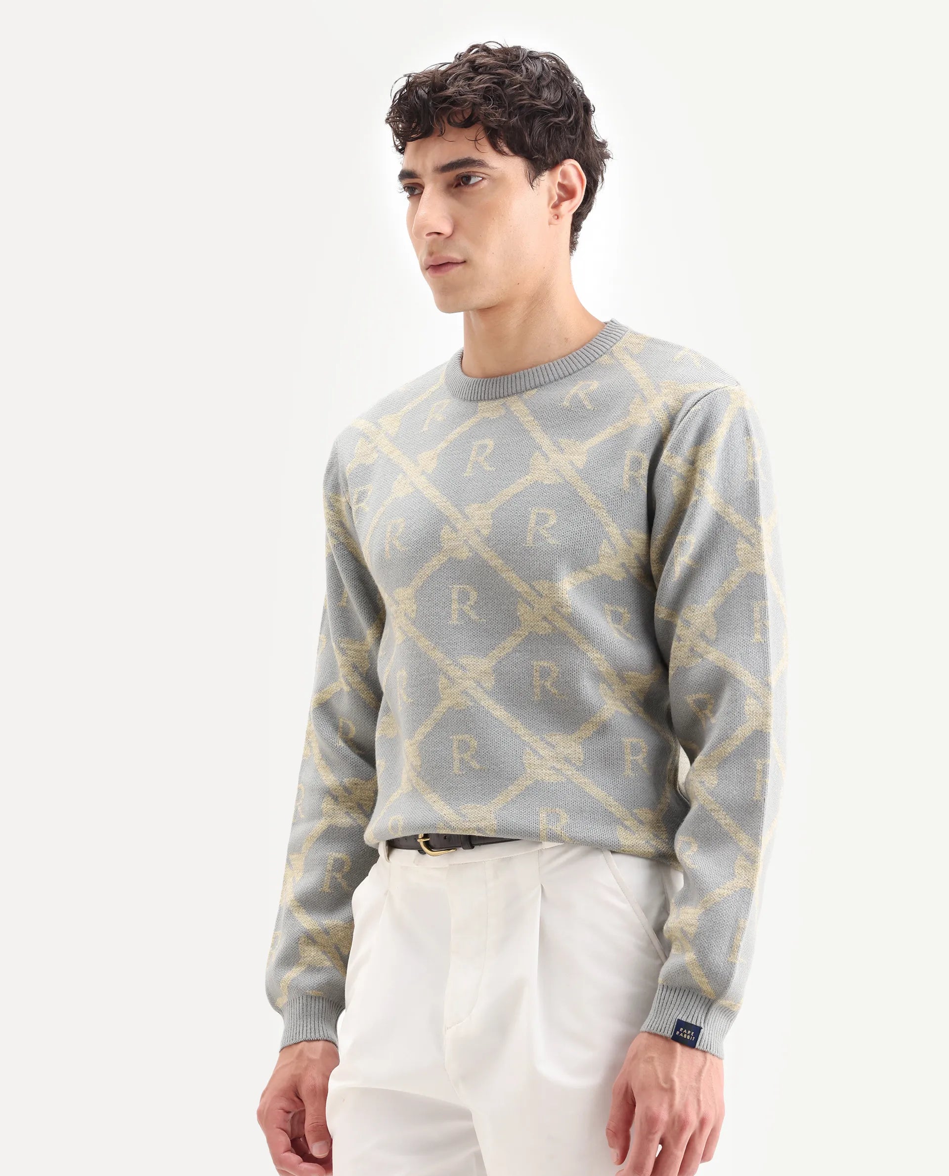 Rare Rabbit Men's Post Dusky Grey Acrylic Monogram Print Regular Fit Full Sleeve Crew Neck Sweater