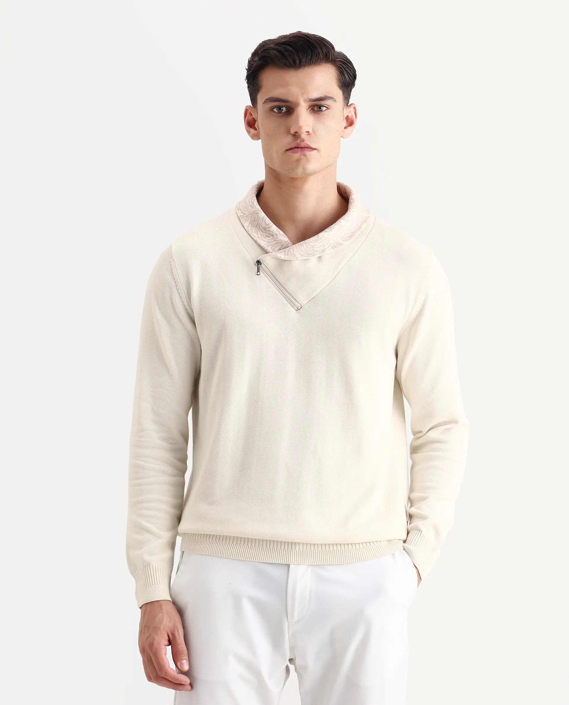 Rare Rabbit Men's Denor Beige Cotton Paisley Print Regular Fit Full Sleeve Cowl Neck Sweater