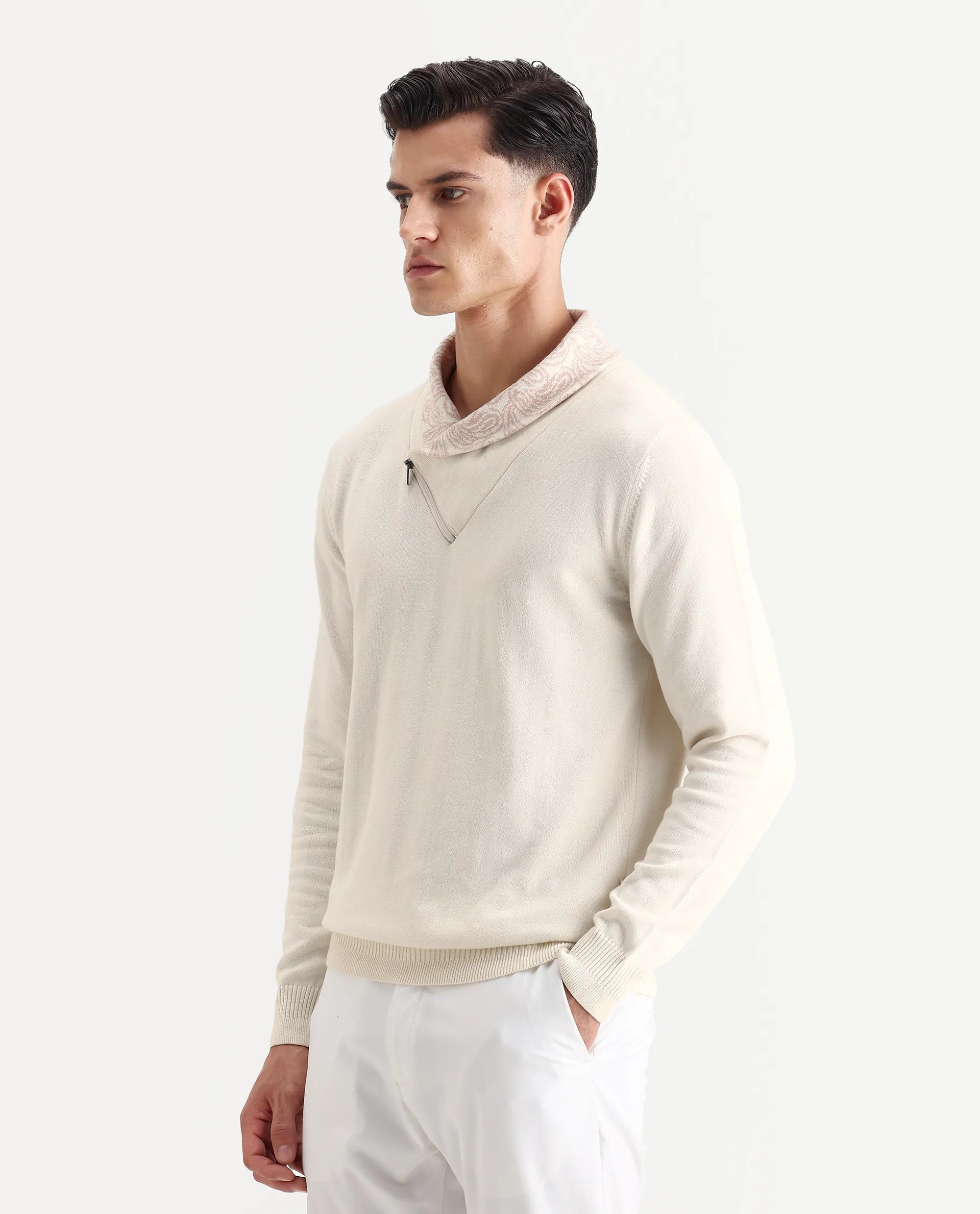 Rare Rabbit Men's Denor Beige Cotton Paisley Print Regular Fit Full Sleeve Cowl Neck Sweater