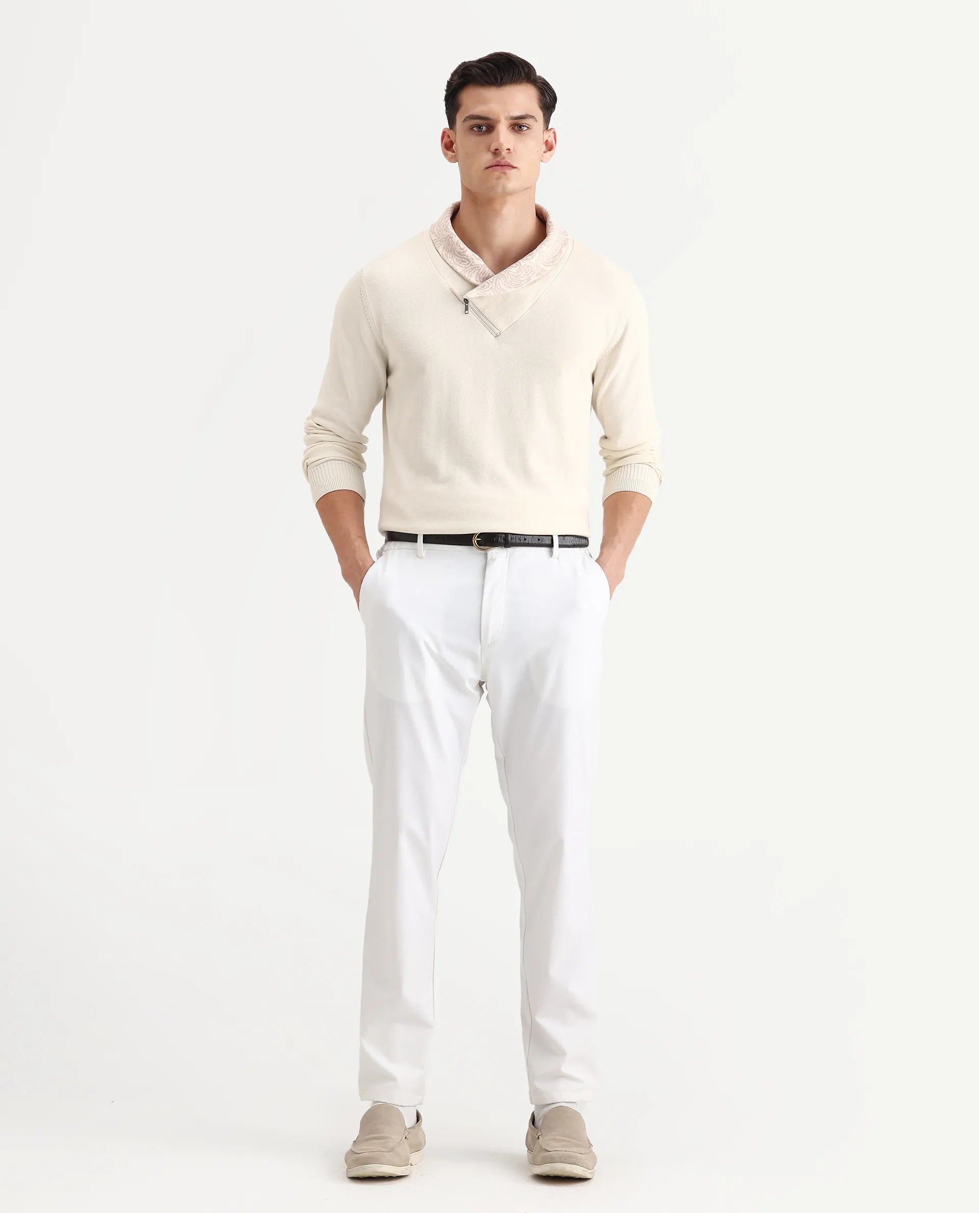 Rare Rabbit Men's Denor Beige Cotton Paisley Print Regular Fit Full Sleeve Cowl Neck Sweater