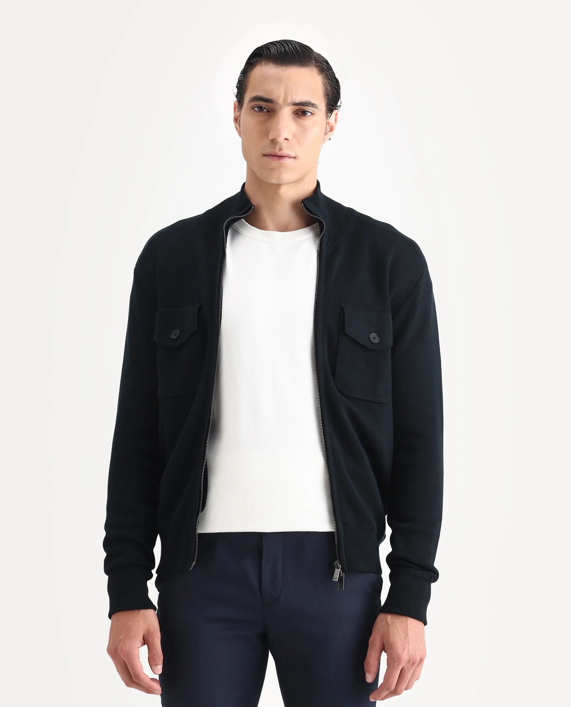 Rare Rabbit Men's Freddo Black Cotton Plain Regular Fit Full Sleeve Stand Collar Jacket