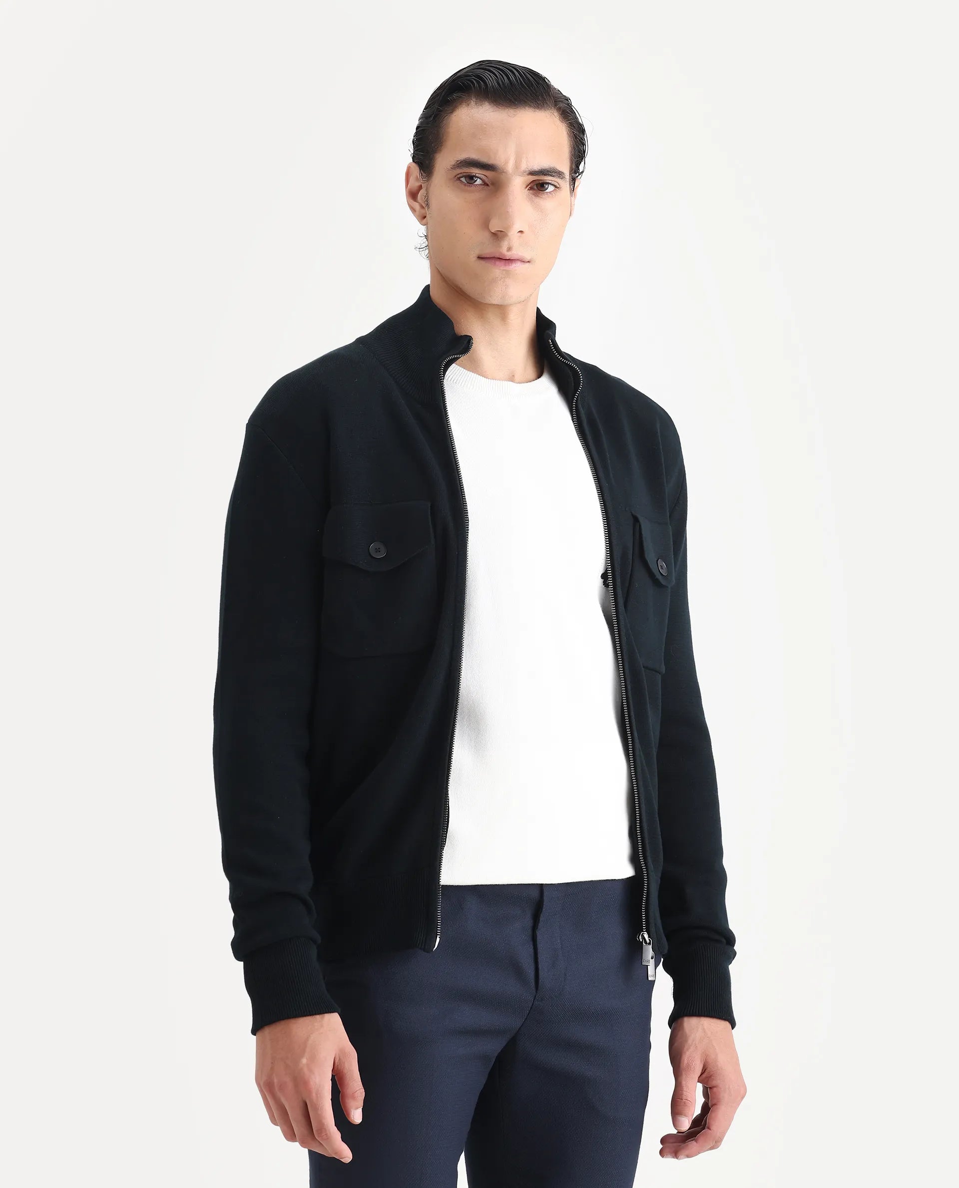 Rare Rabbit Men's Freddo Black Cotton Plain Regular Fit Full Sleeve Stand Collar Jacket