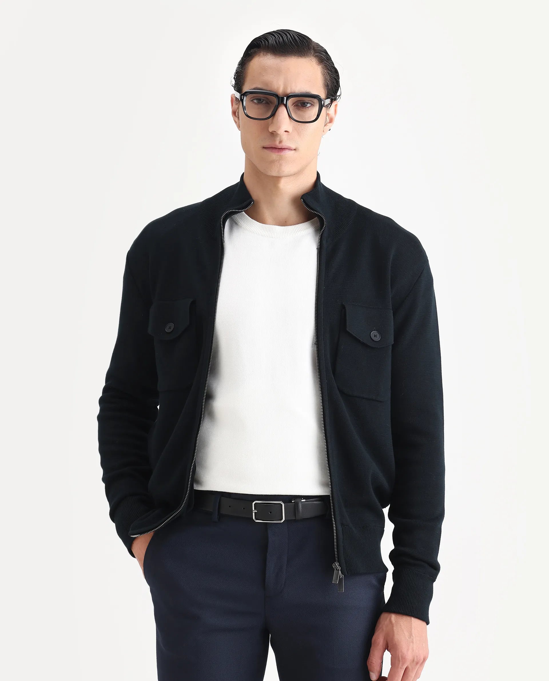 Rare Rabbit Men's Freddo Black Cotton Plain Regular Fit Full Sleeve Stand Collar Jacket