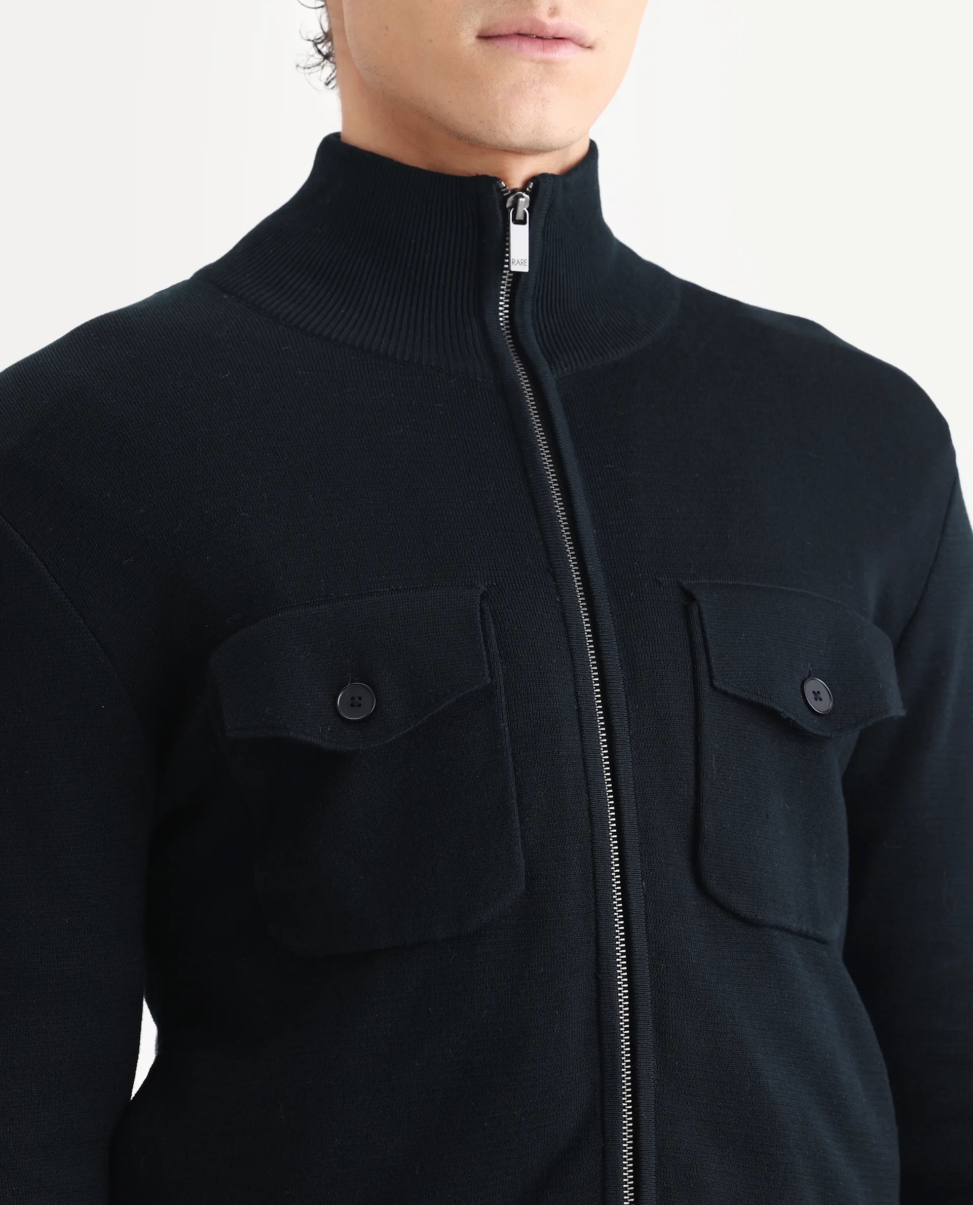 Rare Rabbit Men's Freddo Black Cotton Plain Regular Fit Full Sleeve Stand Collar Jacket