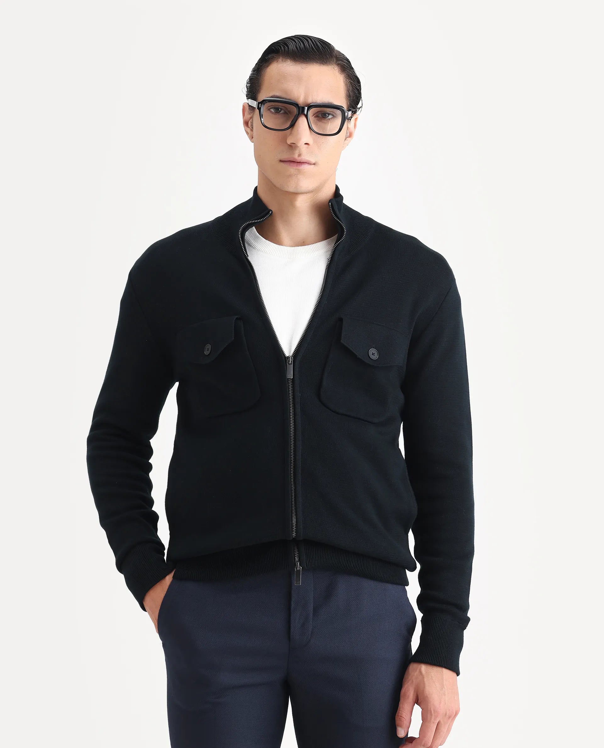 Rare Rabbit Men's Freddo Black Cotton Plain Regular Fit Full Sleeve Stand Collar Jacket