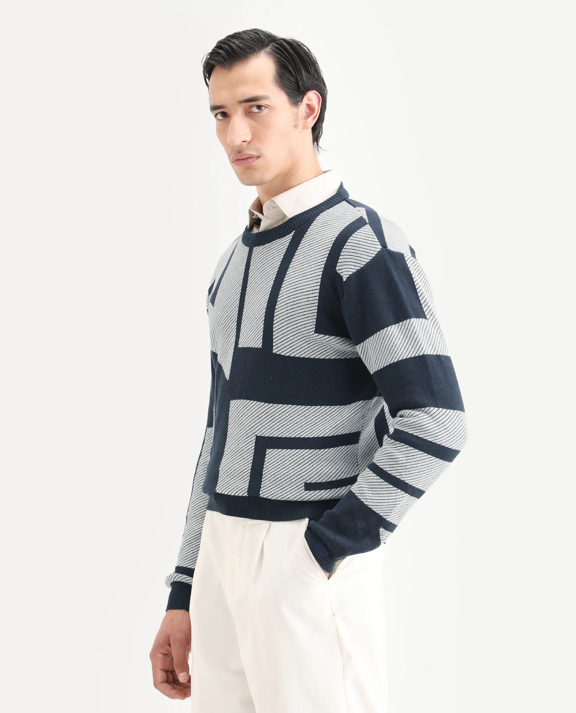 Rare Rabbit Men's Cotton Monogram Print Regular Fit Full Sleeve Crew Neck Sweater