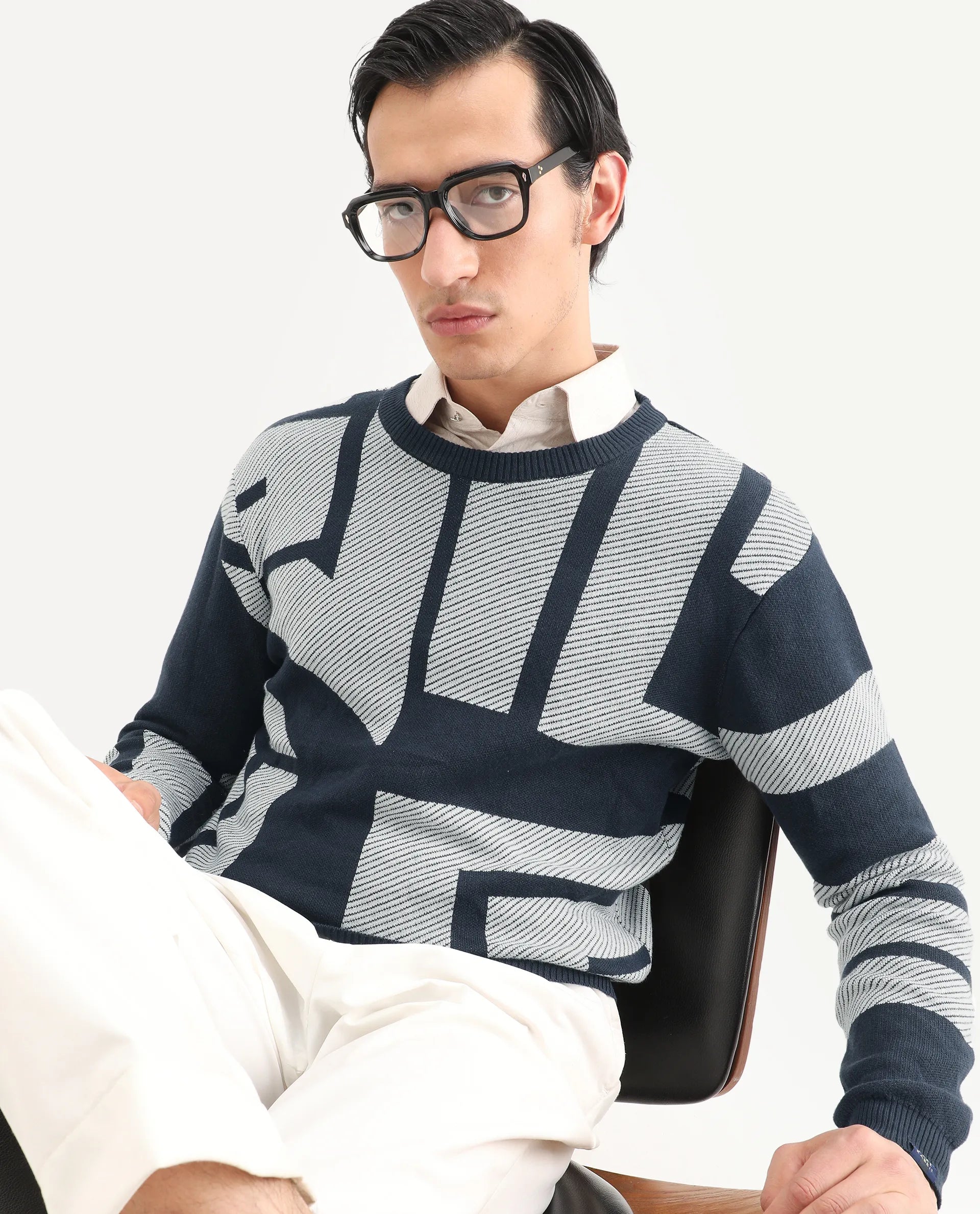 Rare Rabbit Men's Cotton Monogram Print Regular Fit Full Sleeve Crew Neck Sweater
