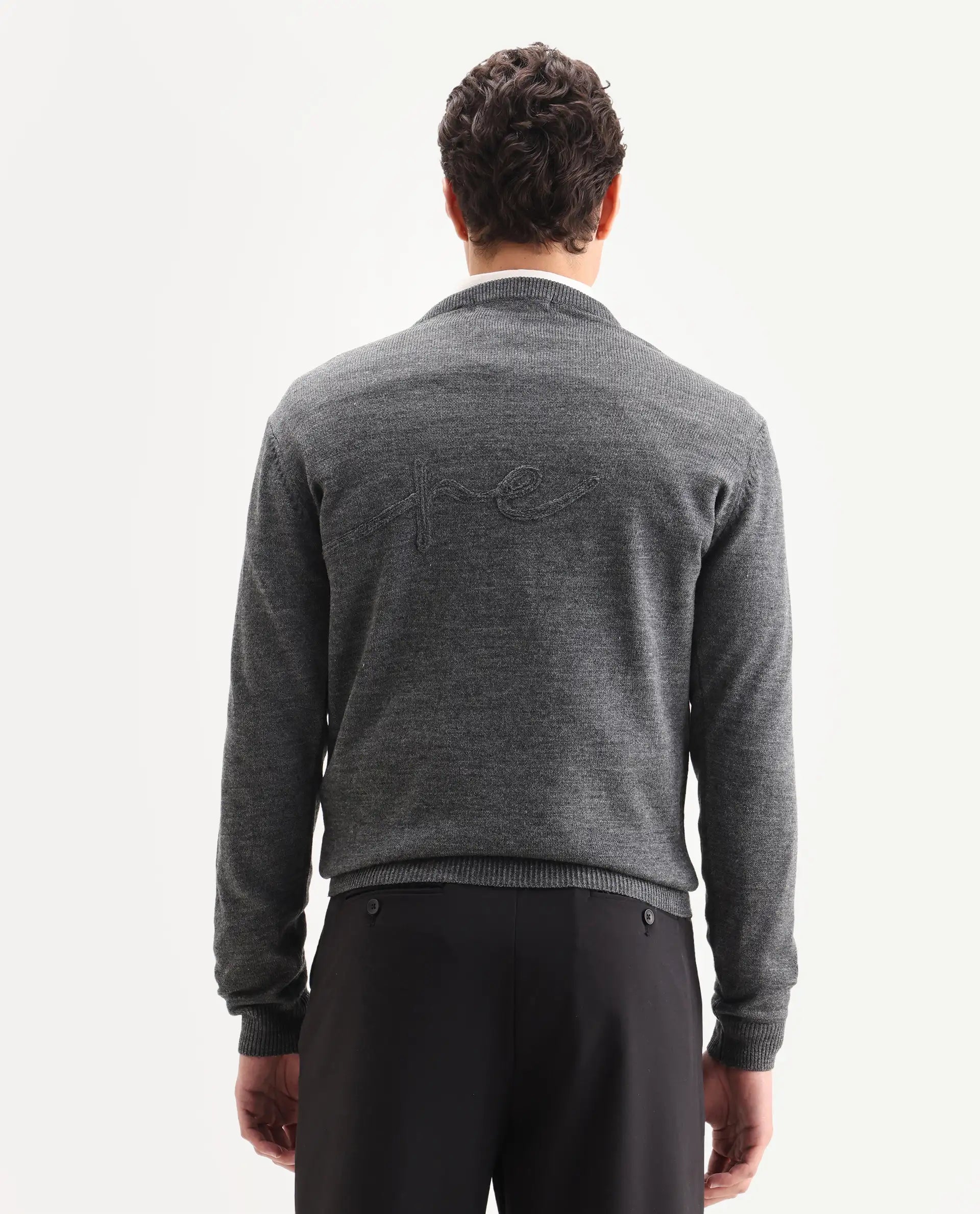 Rare Rabbit Men's Saturno Dusky Grey Acrylic Embroidered Regular Fit Full Sleeve Crew Neck Sweater