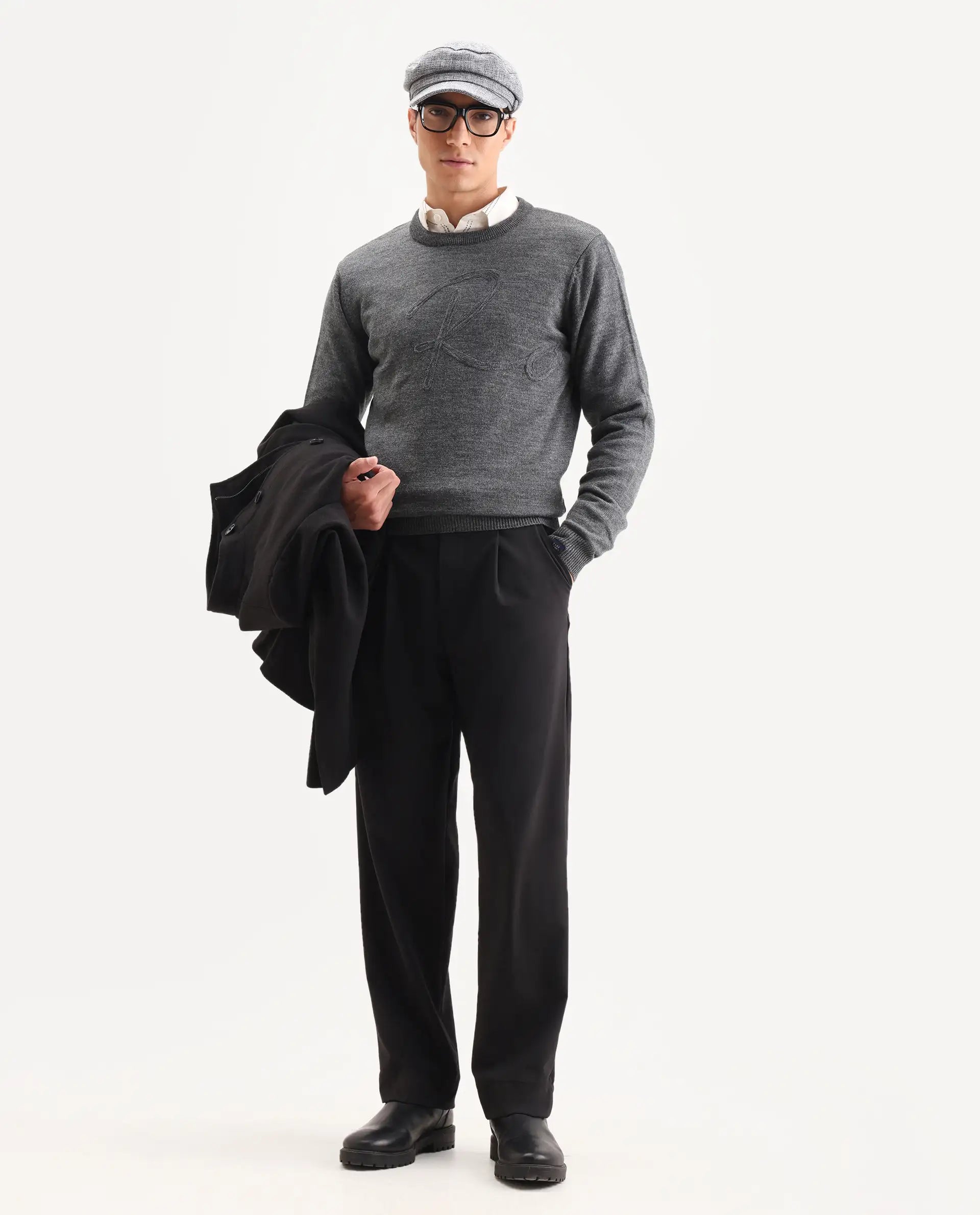 Rare Rabbit Men's Saturno Dusky Grey Acrylic Embroidered Regular Fit Full Sleeve Crew Neck Sweater