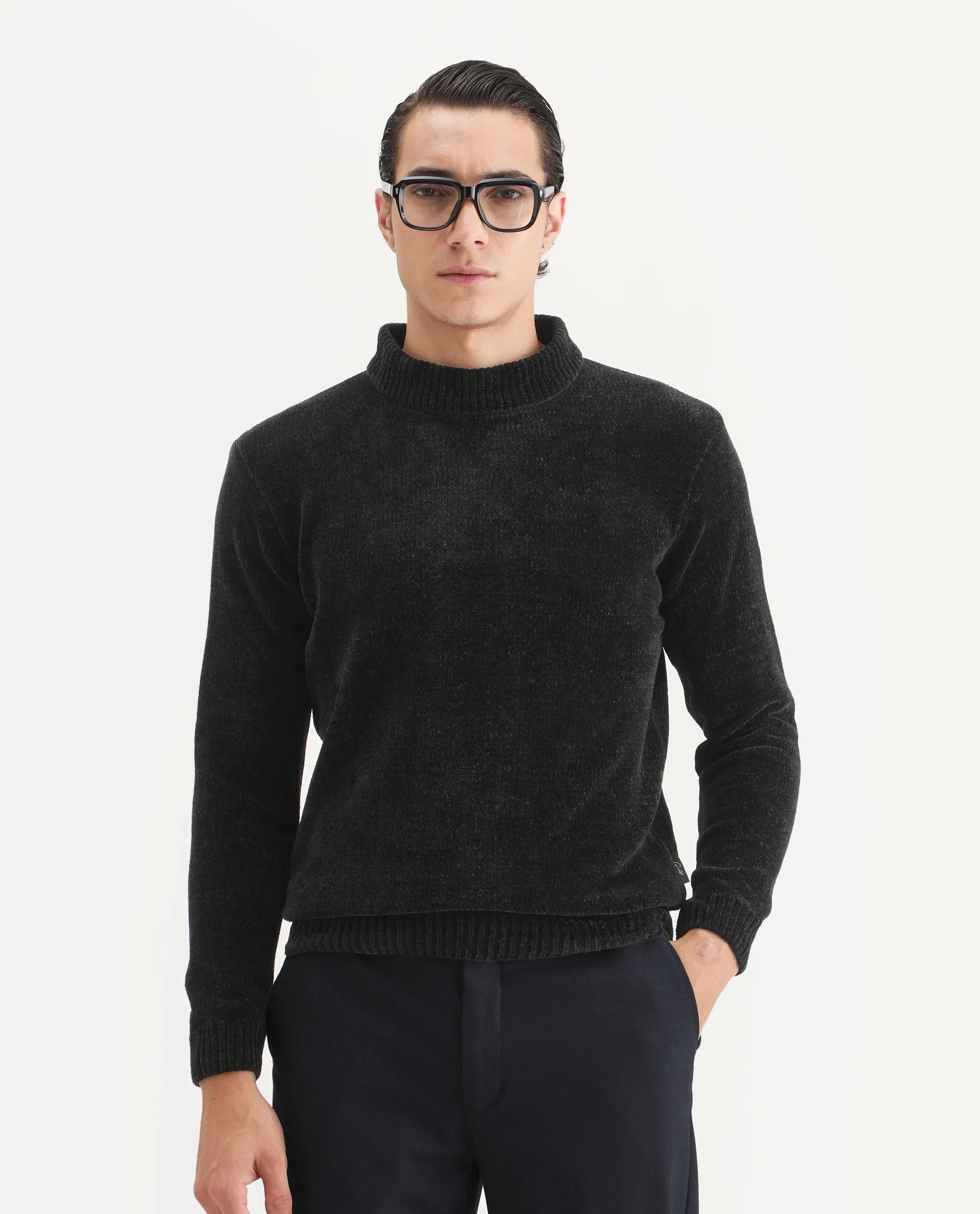 Rare Rabbit Men's Chens Black Chenille Textured Regular Fit Full Sleeve Crew Neck Sweater