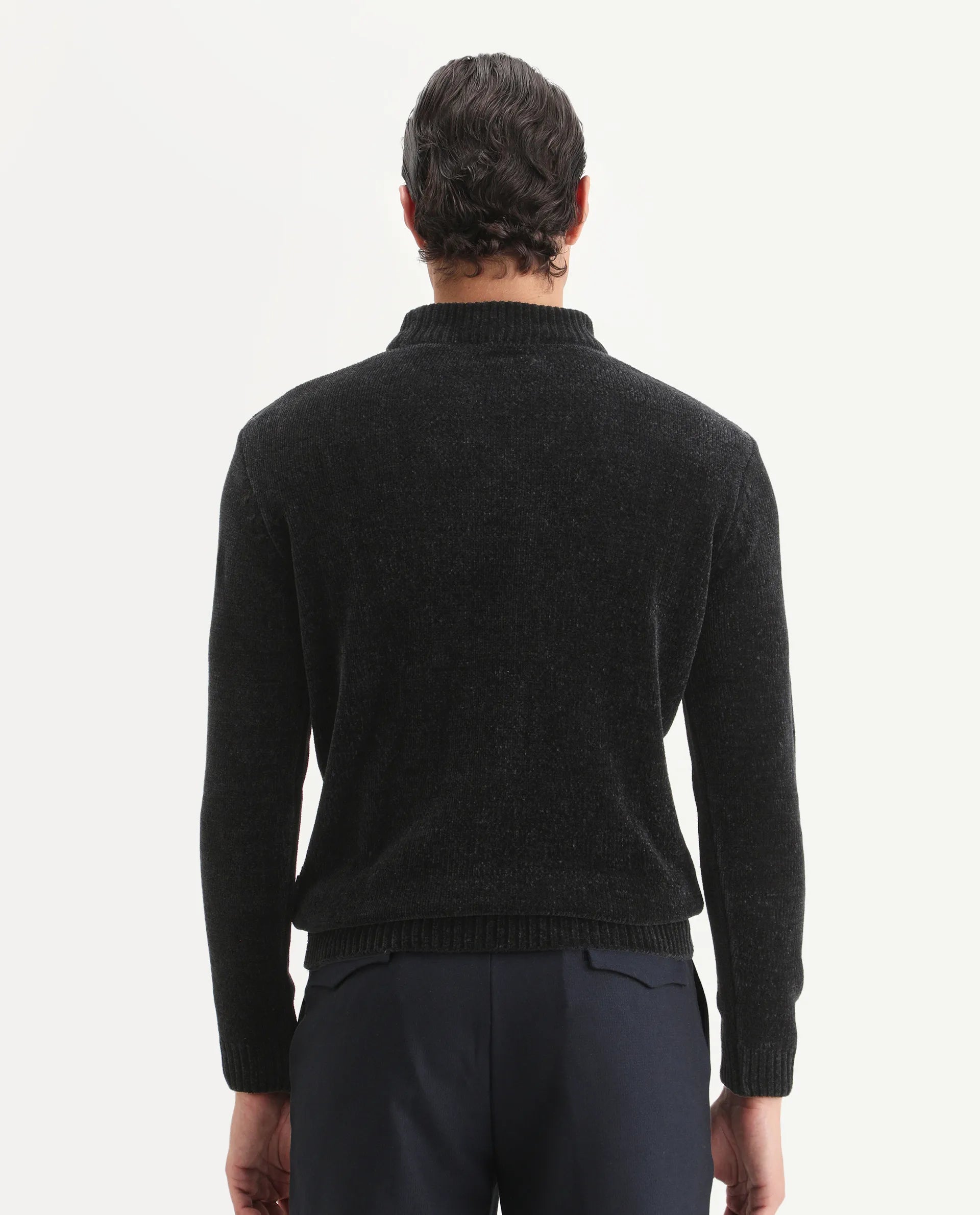 Rare Rabbit Men's Chens Black Chenille Textured Regular Fit Full Sleeve Crew Neck Sweater