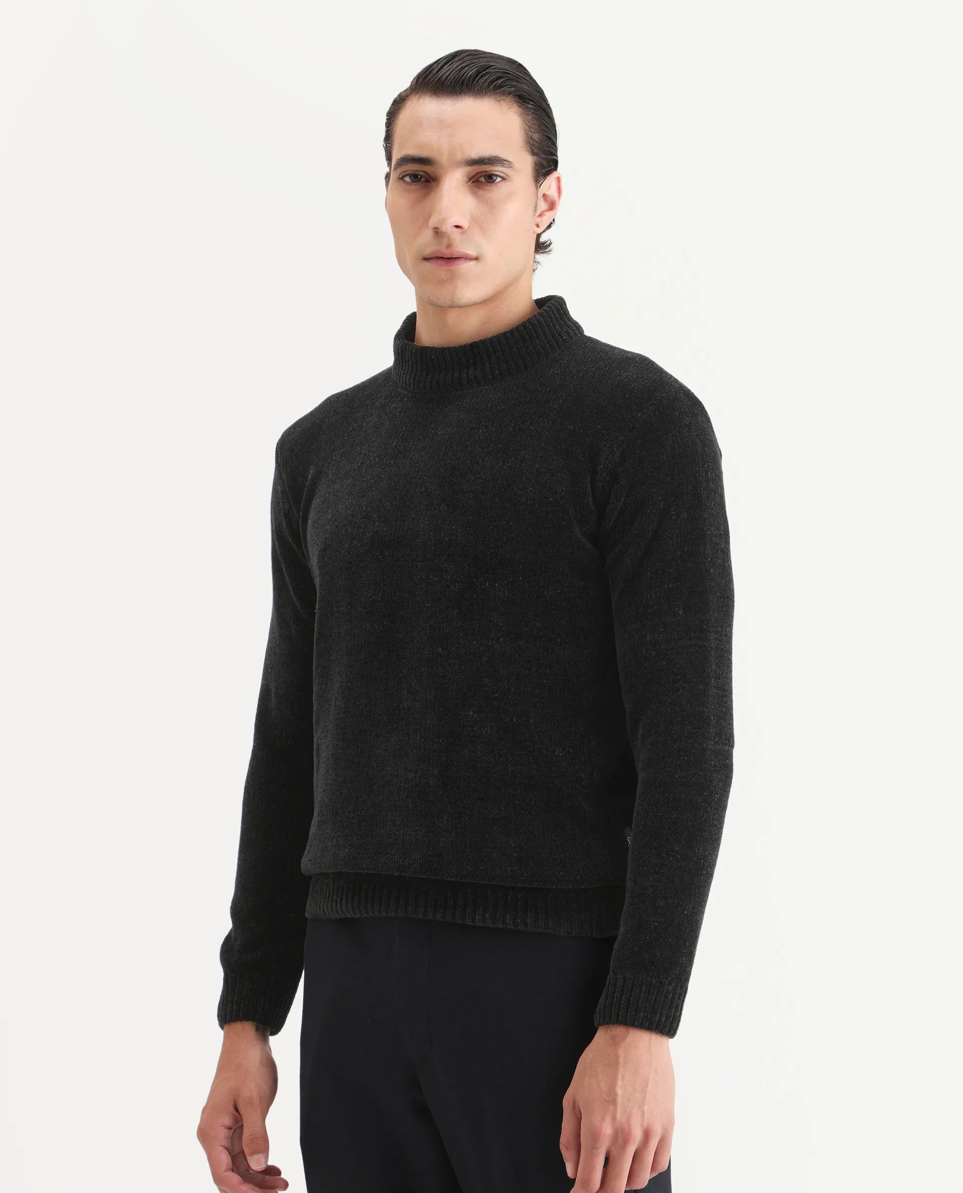 Rare Rabbit Men's Chens Black Chenille Textured Regular Fit Full Sleeve Crew Neck Sweater