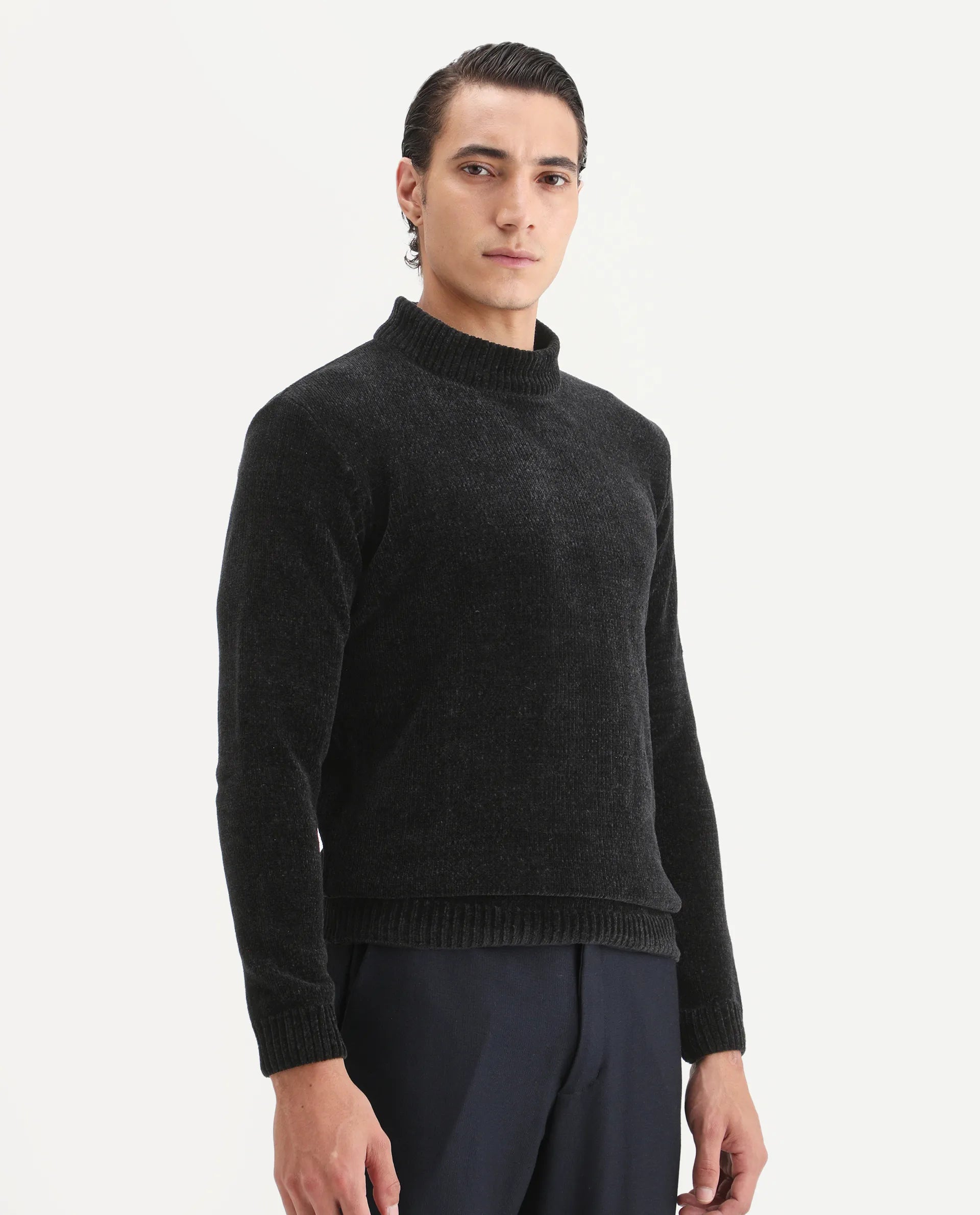 Rare Rabbit Men's Chens Black Chenille Textured Regular Fit Full Sleeve Crew Neck Sweater