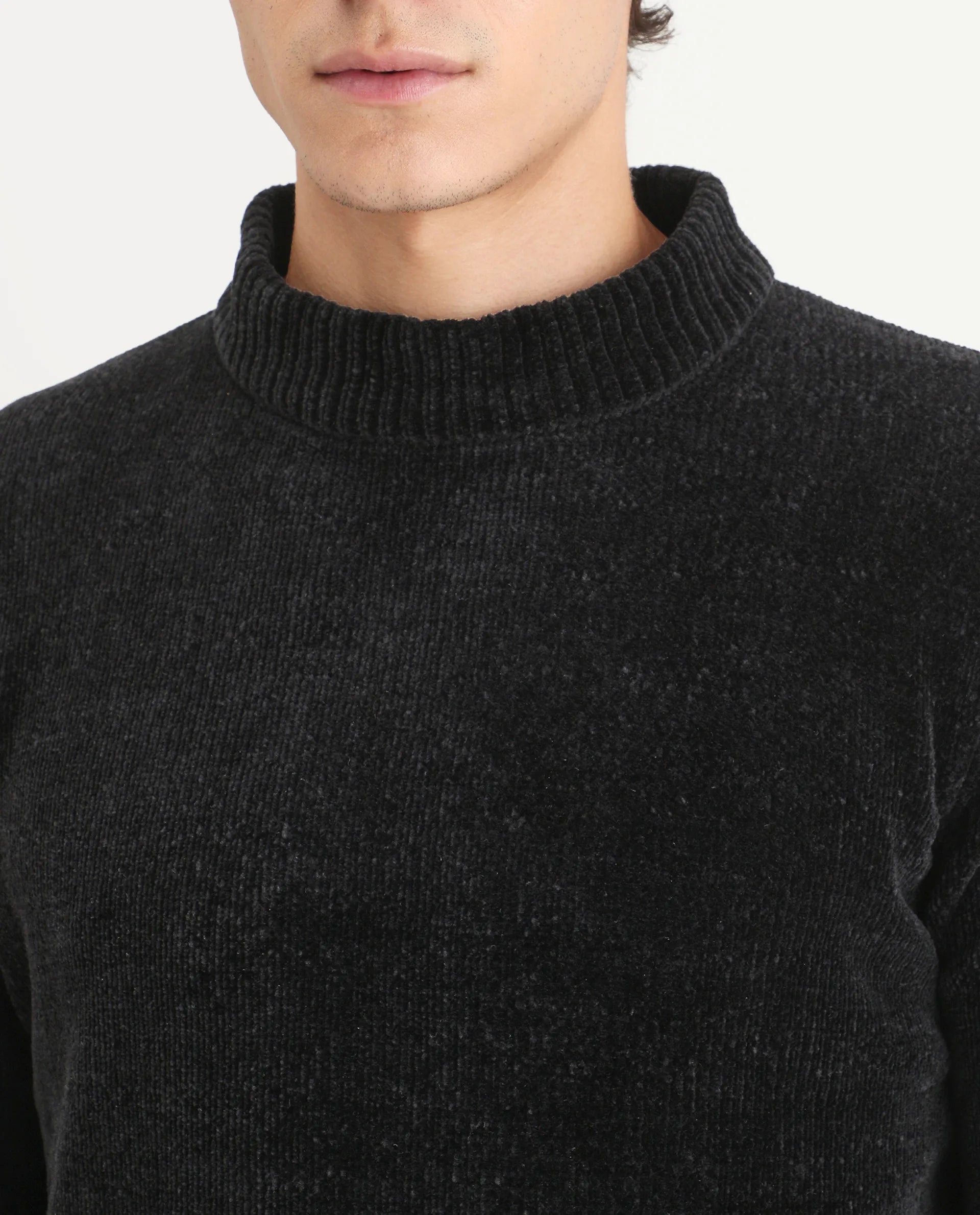 Rare Rabbit Men's Chens Black Chenille Textured Regular Fit Full Sleeve Crew Neck Sweater