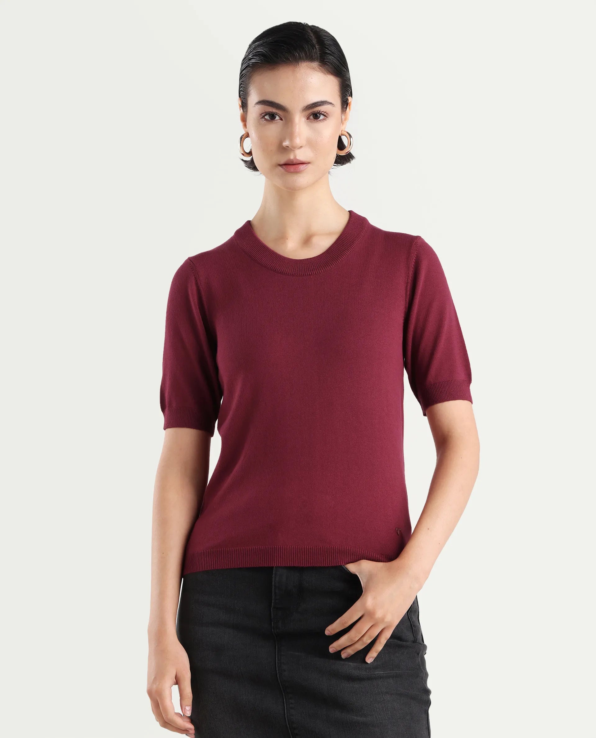 Rareism Women's Rohrdo Purple Cotton Blend Crew Neck Plain Regular Fit Sweater