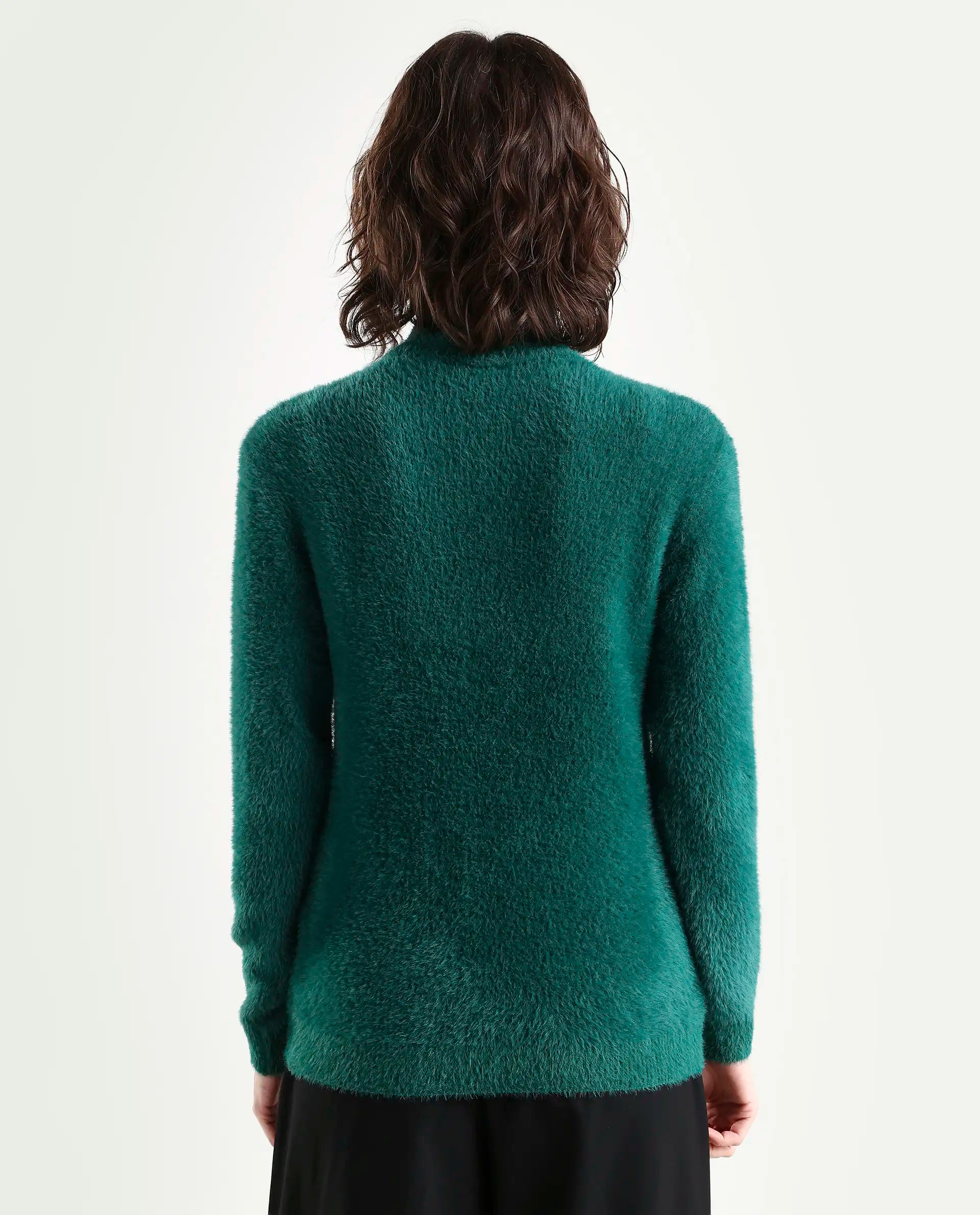 Rareism Women's Asser Green Polyester Blend High Neck Plain Relaxed Fit Sweater