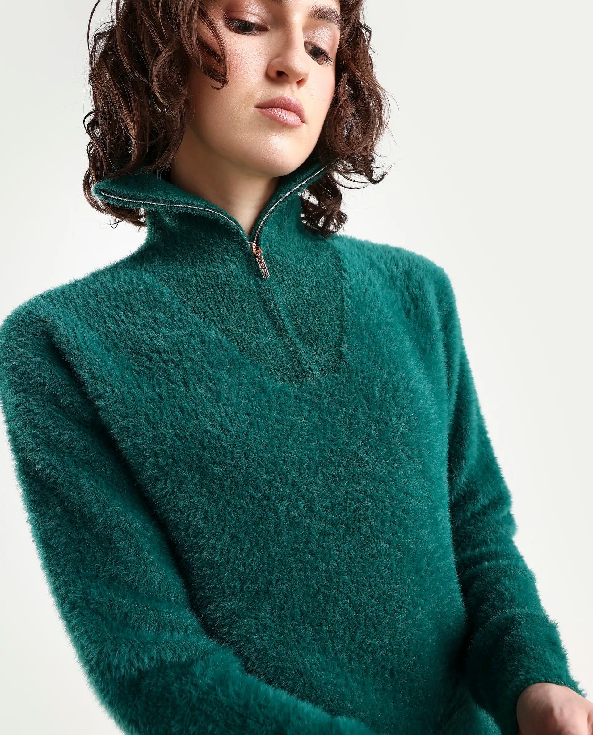 Rareism Women's Asser Green Polyester Blend High Neck Plain Relaxed Fit Sweater